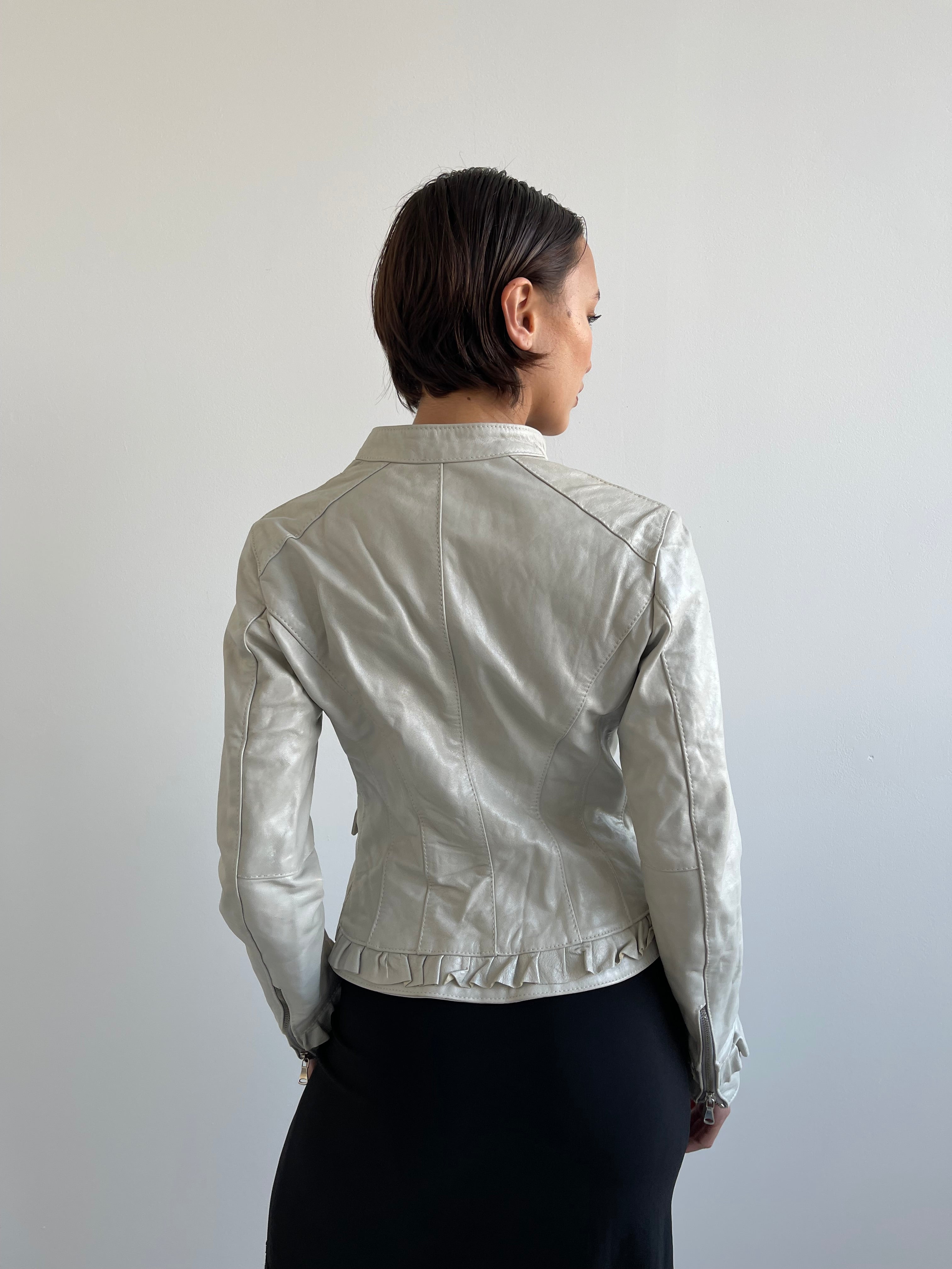 HFN light grey/cream ruffle leather jacket