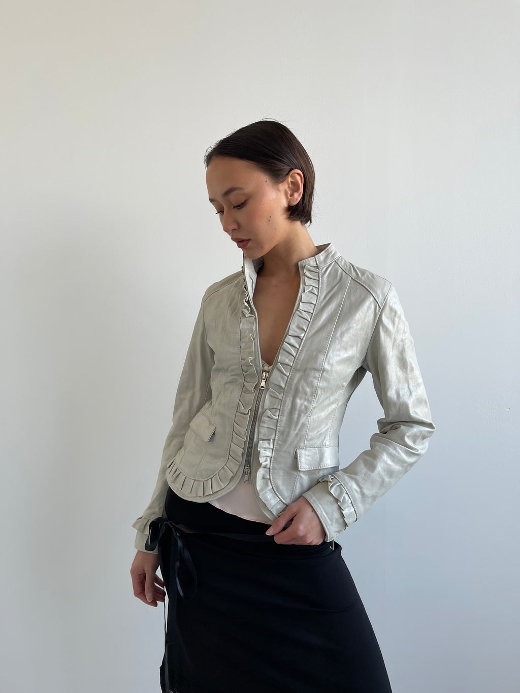 HFN light grey/cream ruffle leather jacket