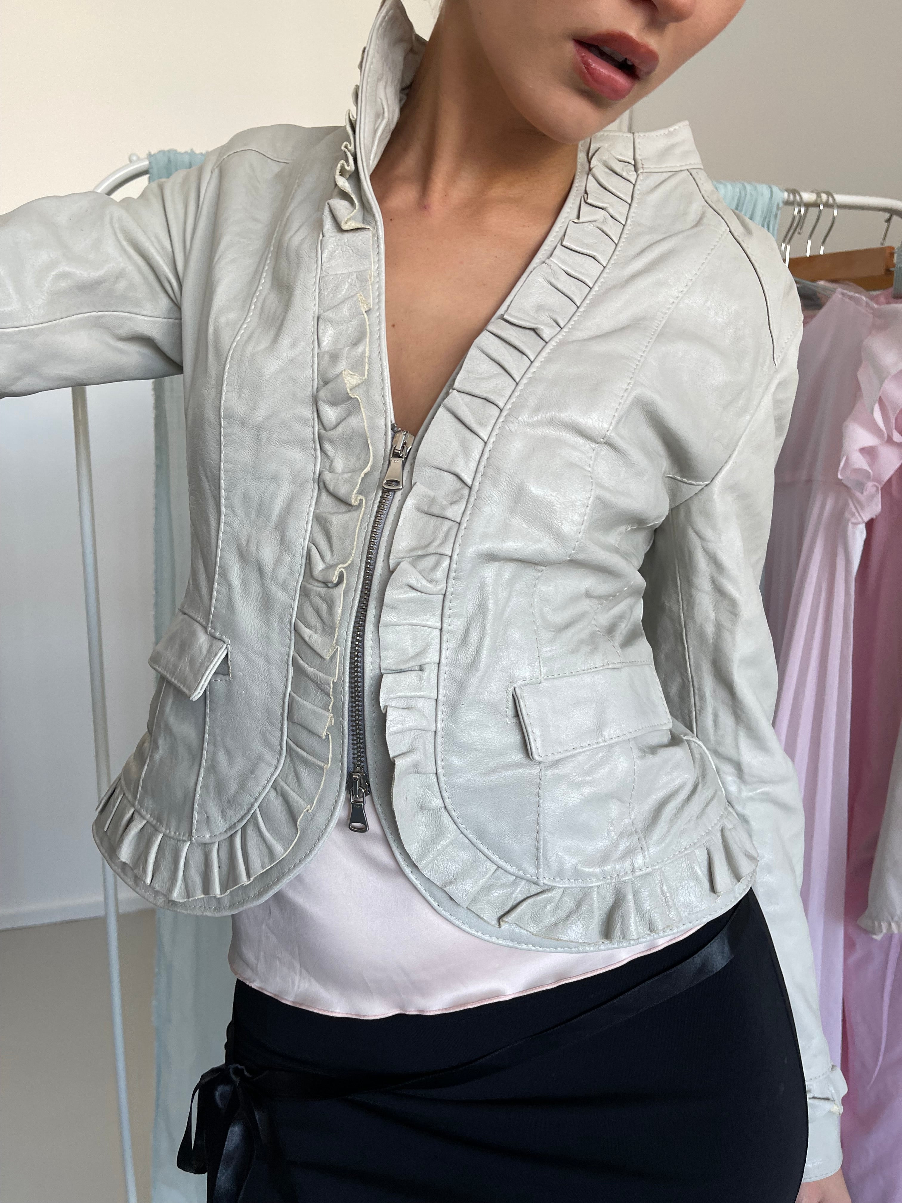 HFN light grey/cream ruffle leather jacket