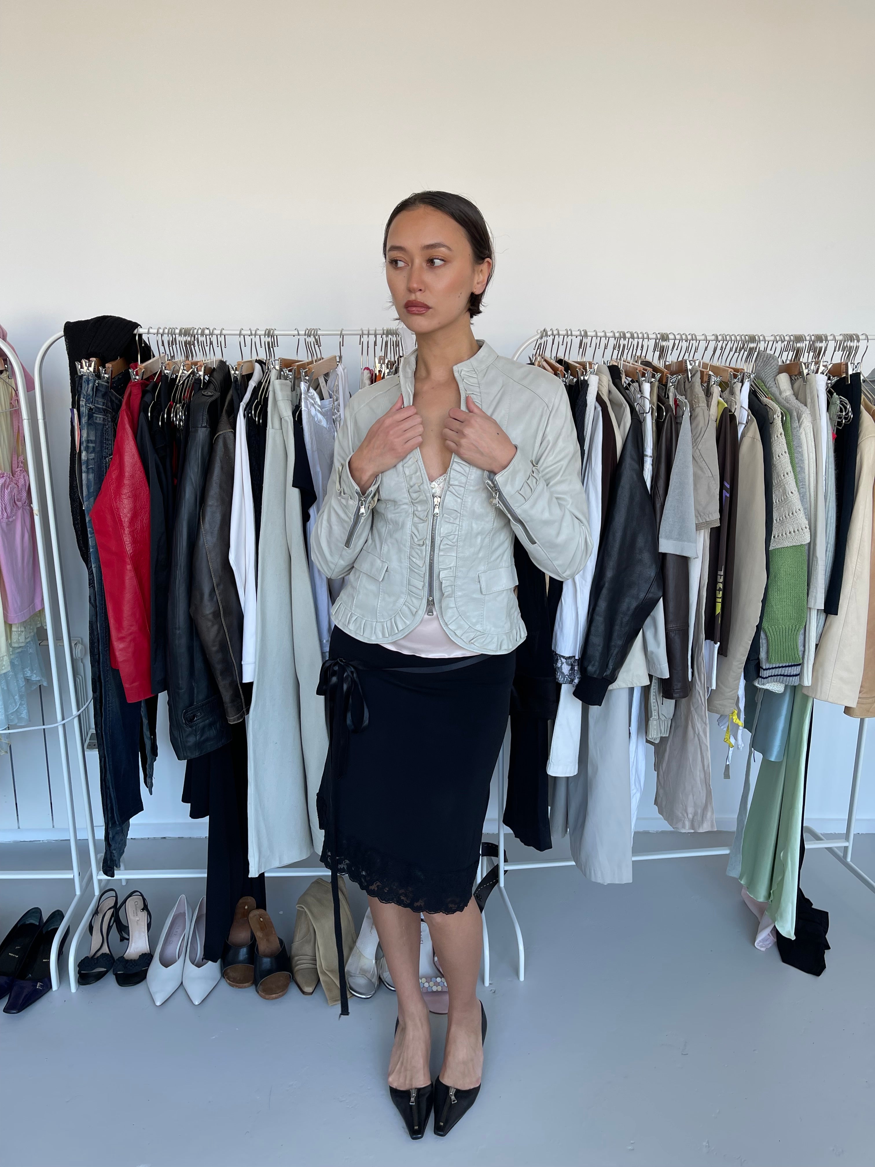 HFN light grey/cream ruffle leather jacket