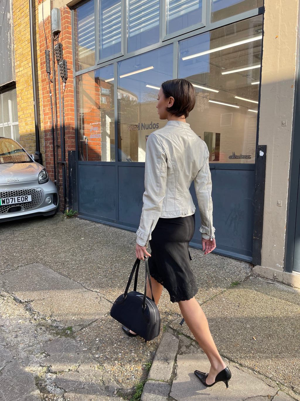 HFN light grey/cream ruffle leather jacket