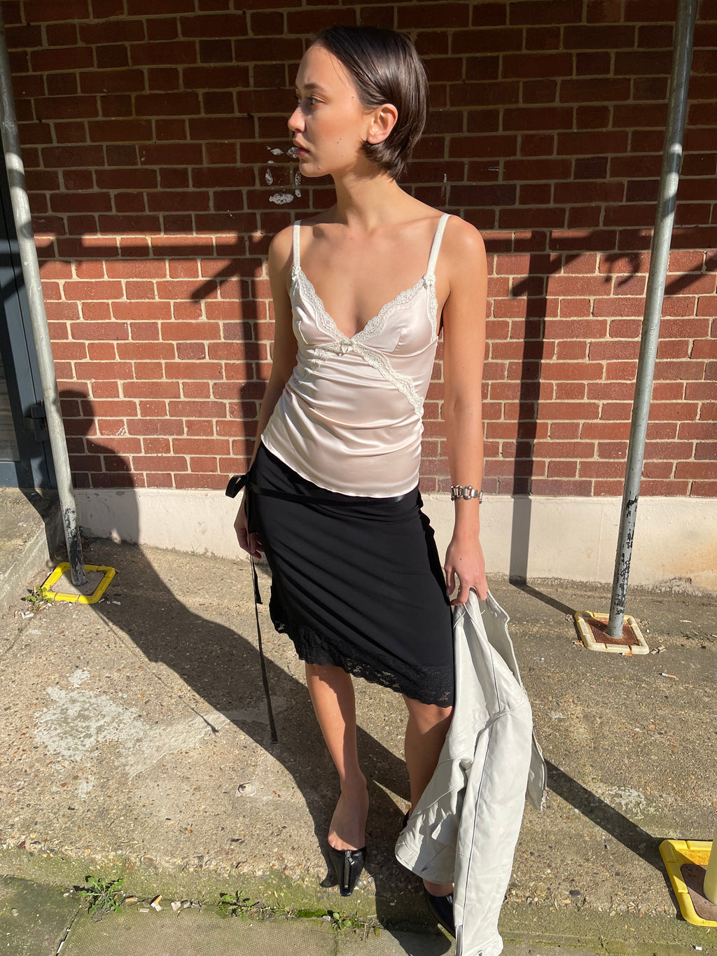 Peg black slinky skirt with lace trim