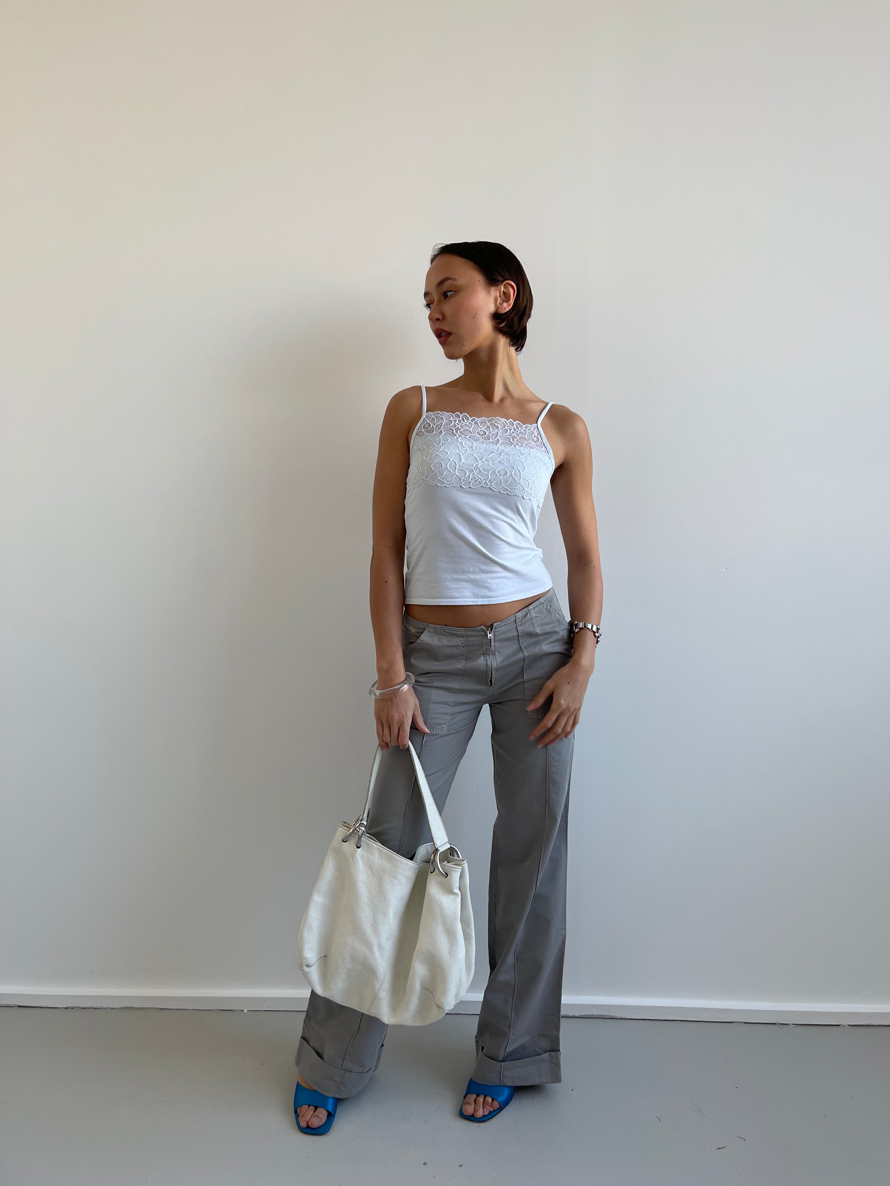 Pale blue cotton cami with lace detail
