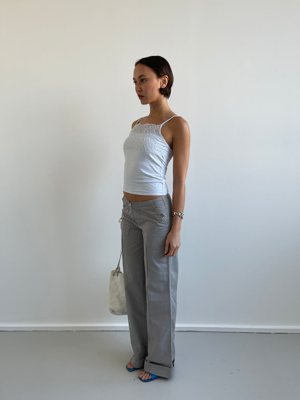 Pale blue cotton cami with lace detail