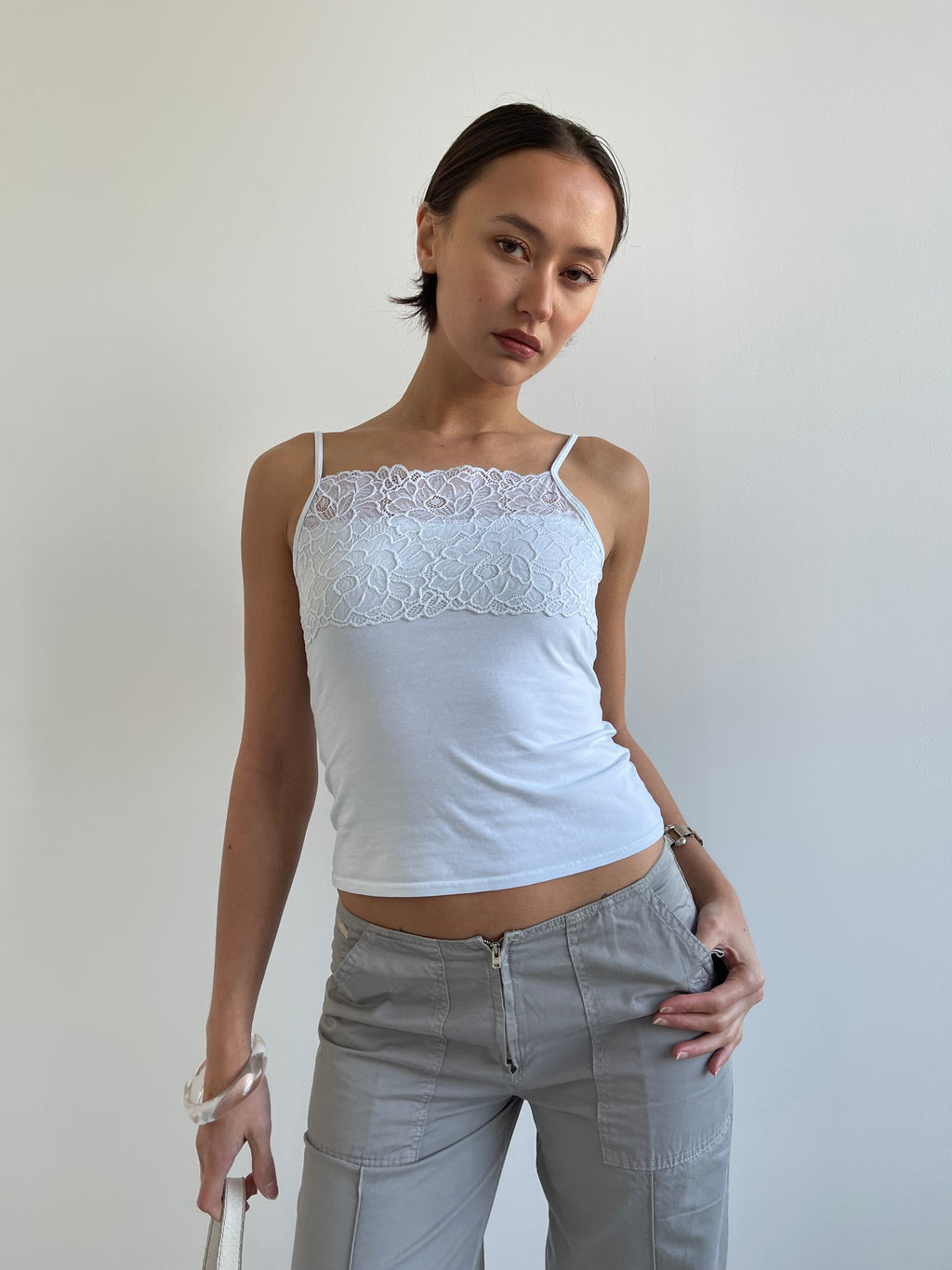 Pale blue cotton cami with lace detail