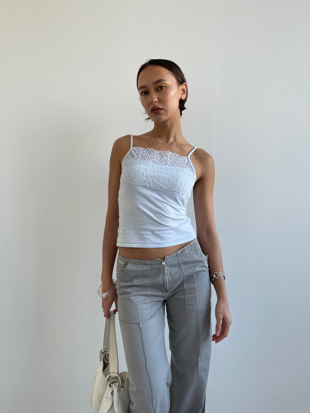 Pale blue cotton cami with lace detail