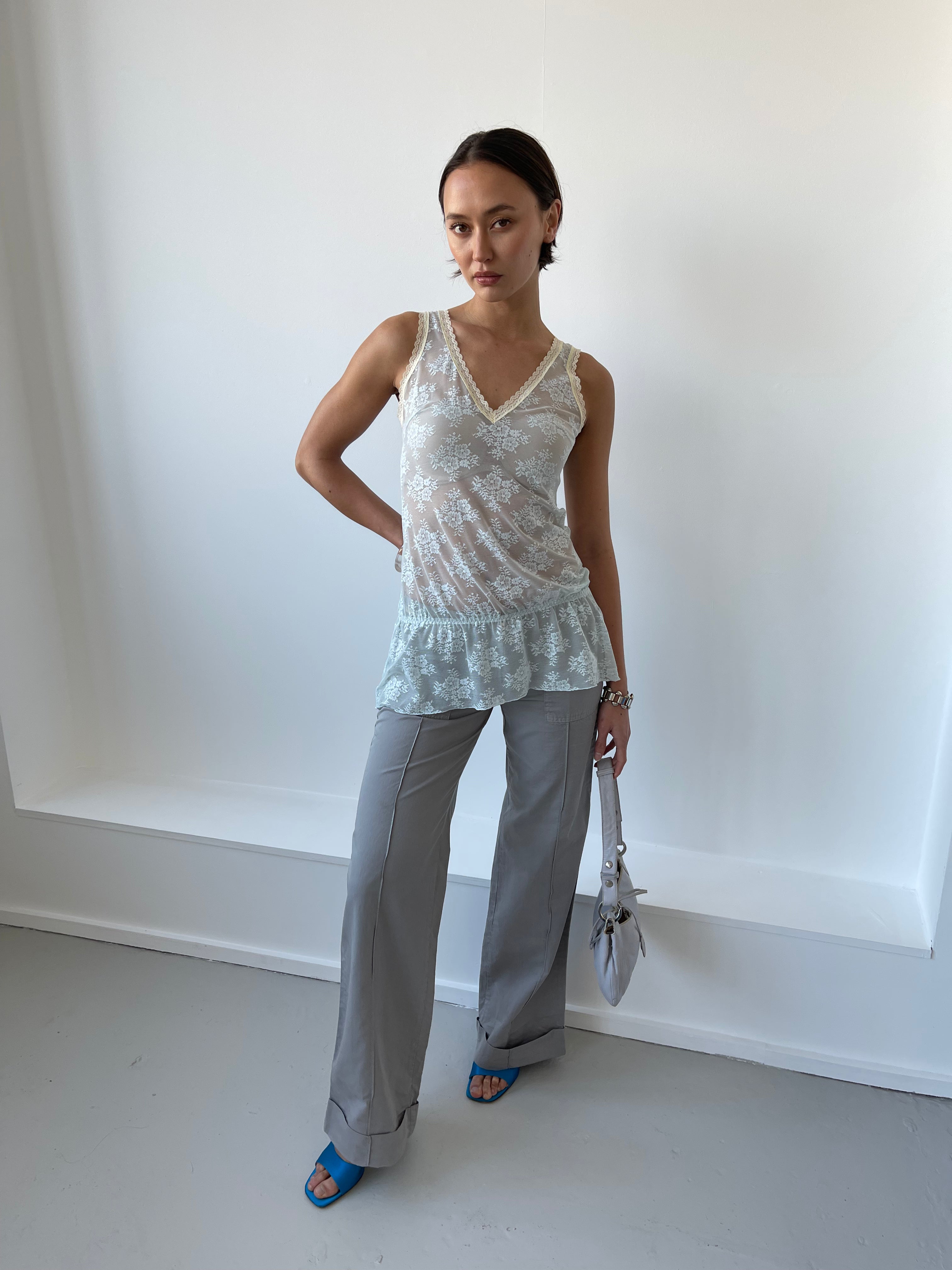 Grey straight leg trousers