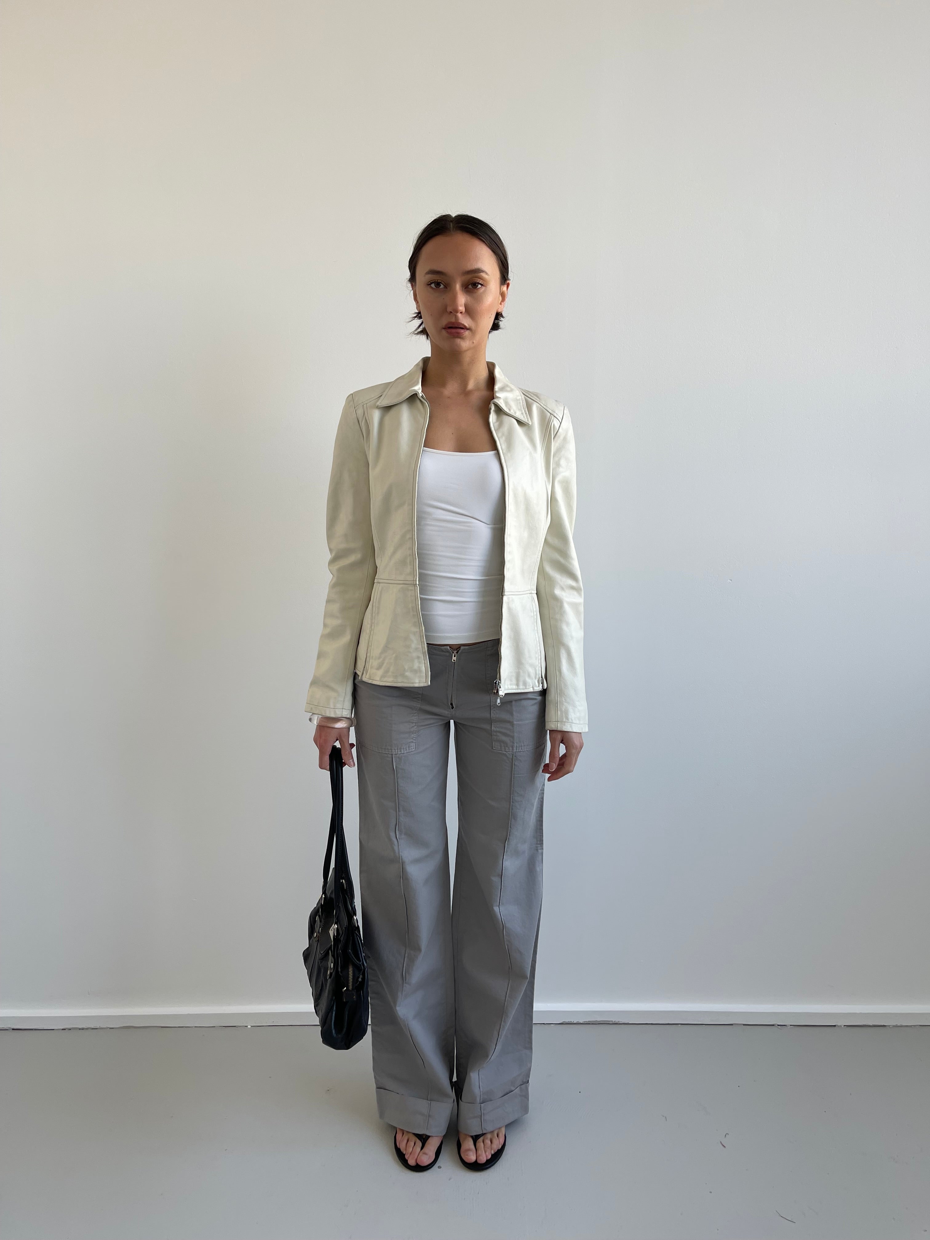 Vintage cream leather jacket with split zip detail