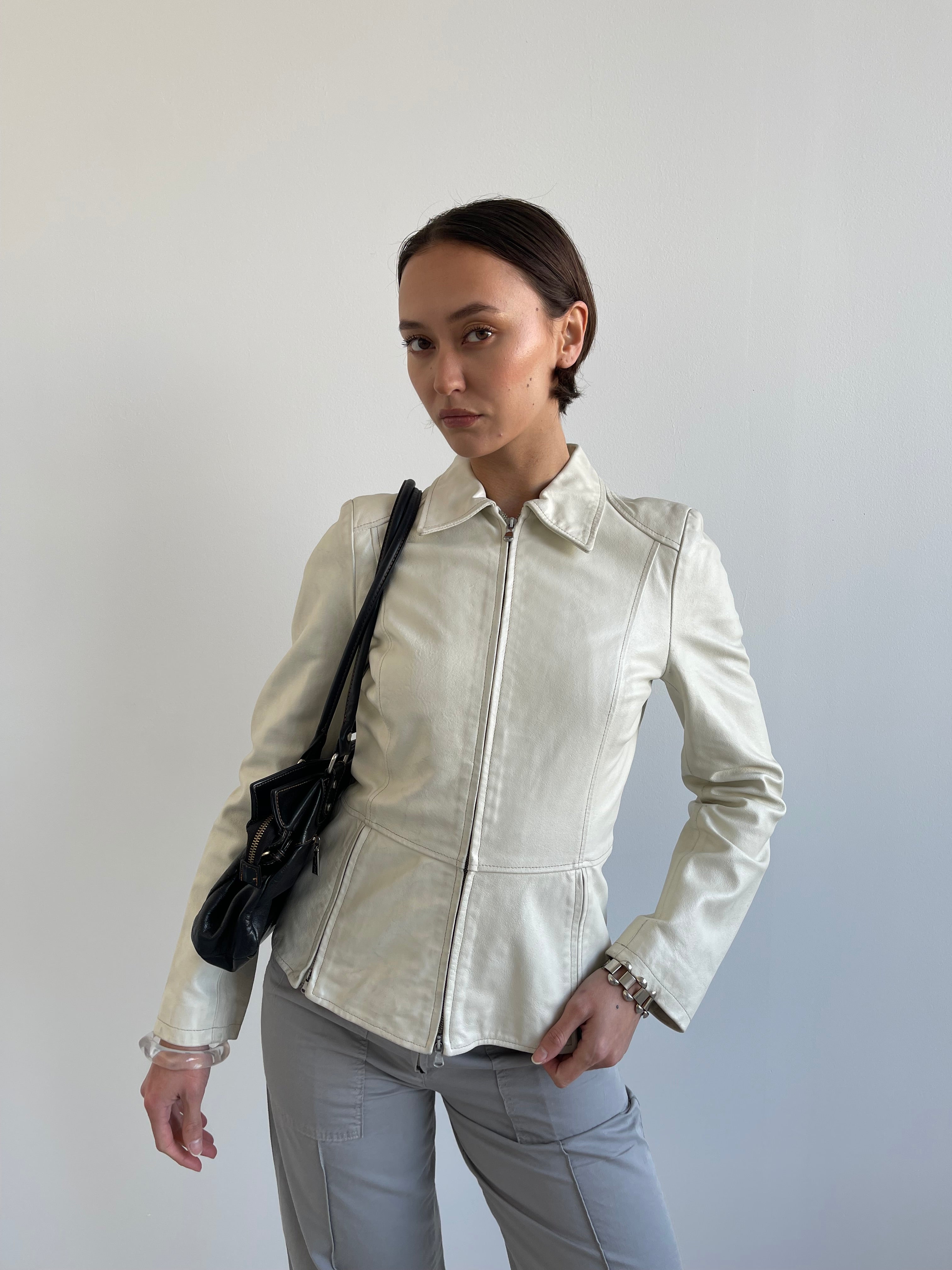 Vintage cream leather jacket with split zip detail