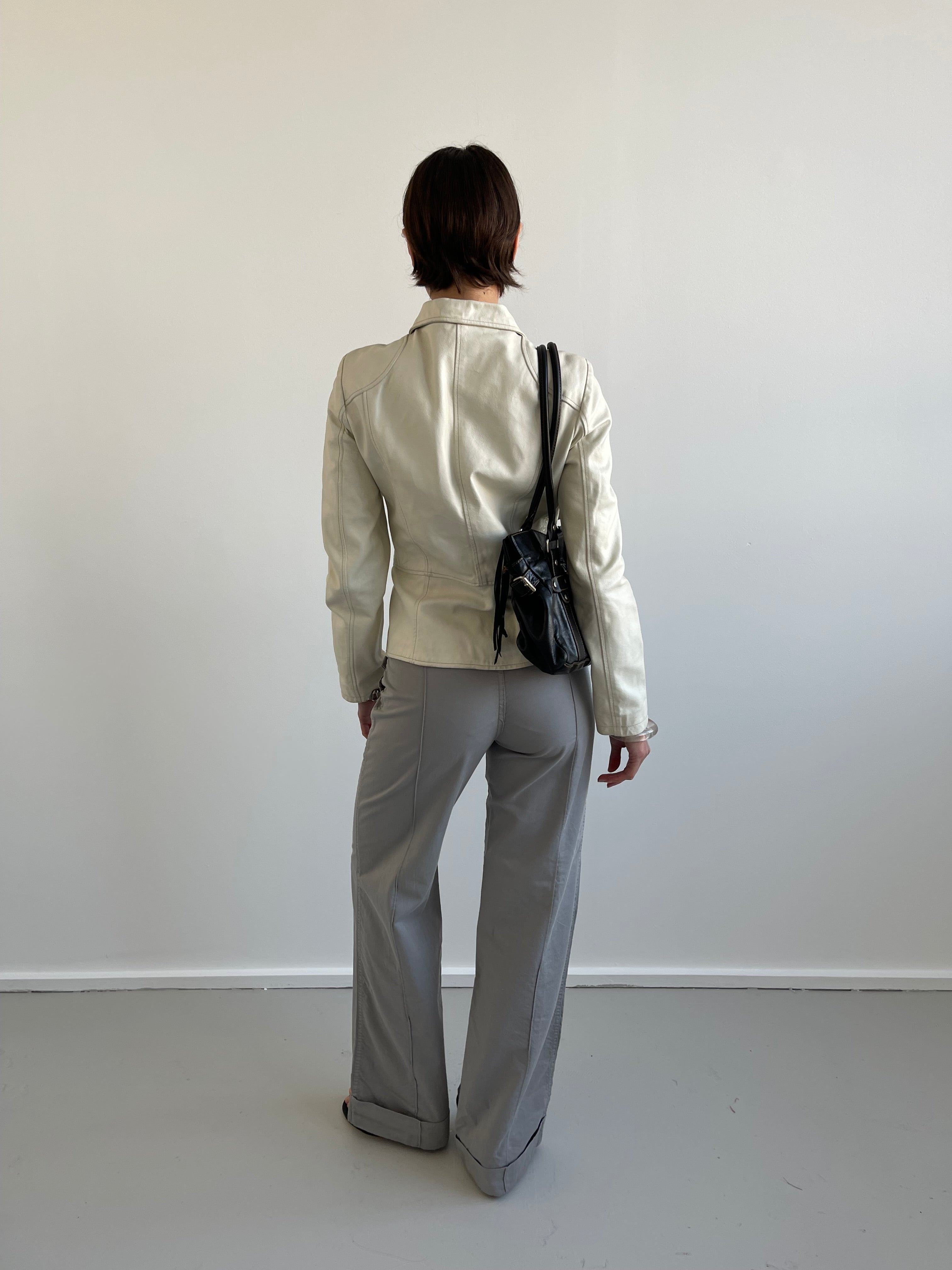 Vintage cream leather jacket with split zip detail