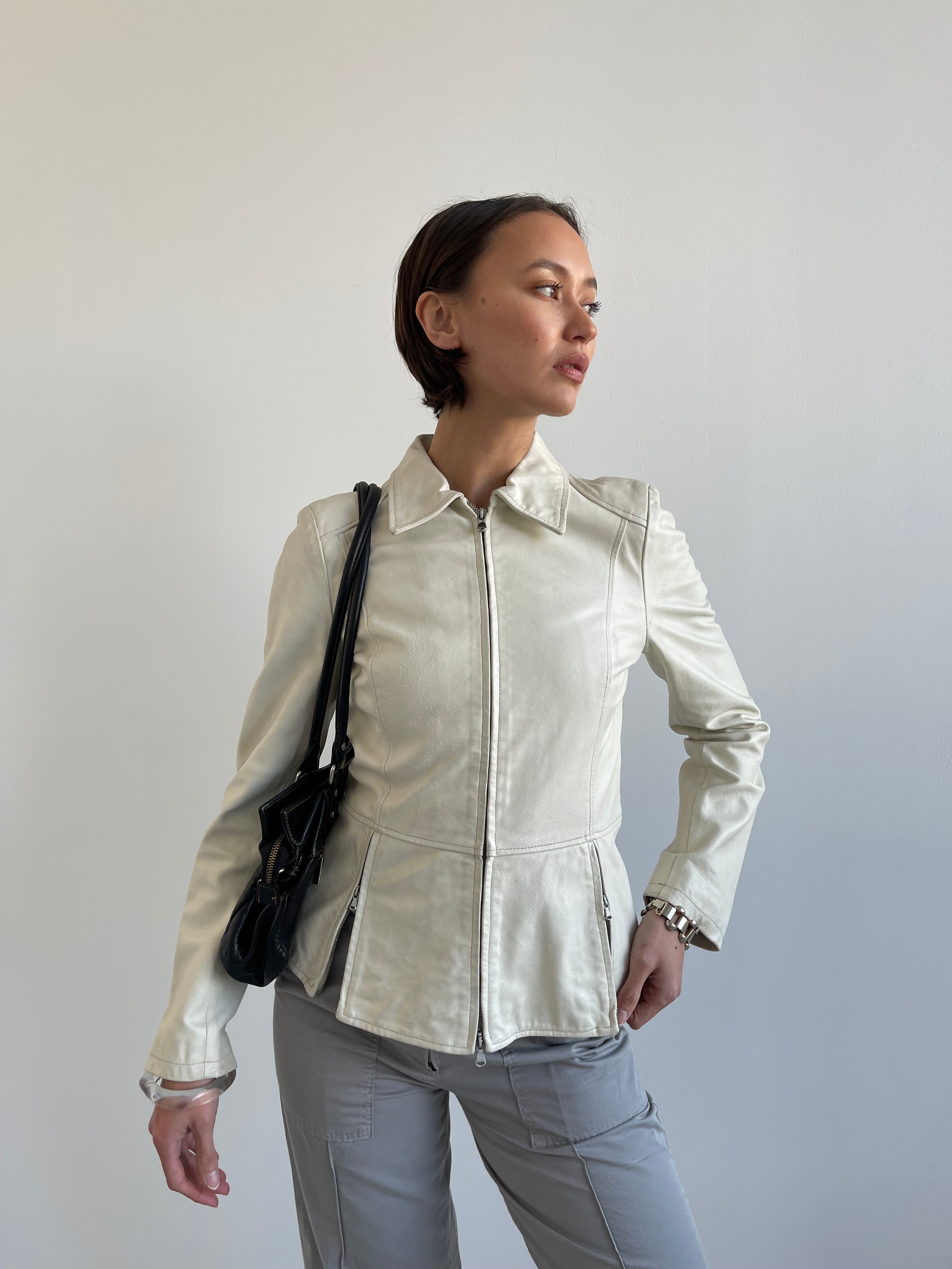 Vintage cream leather jacket with split zip detail