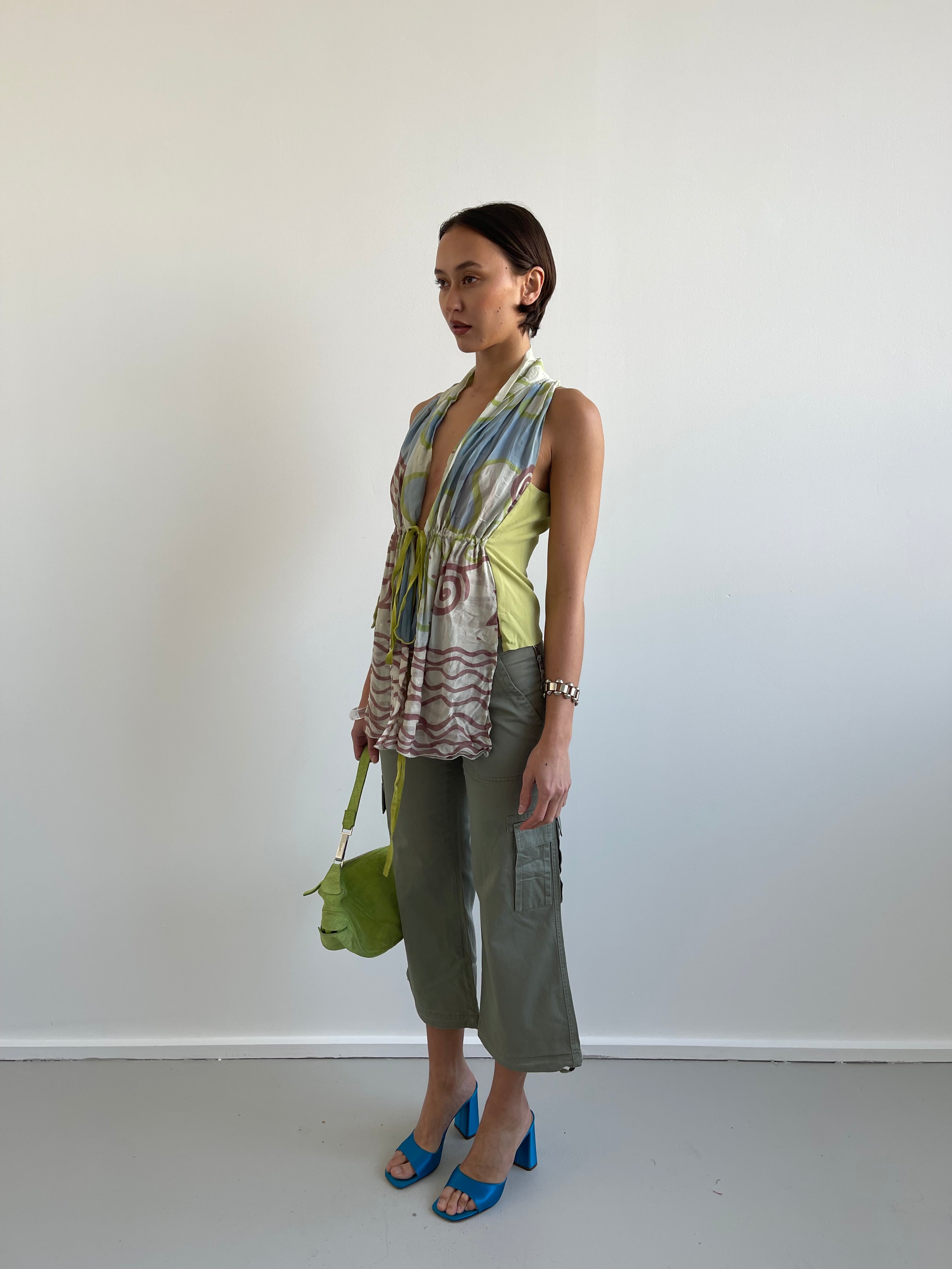 Dundup green and blue tie up blouse