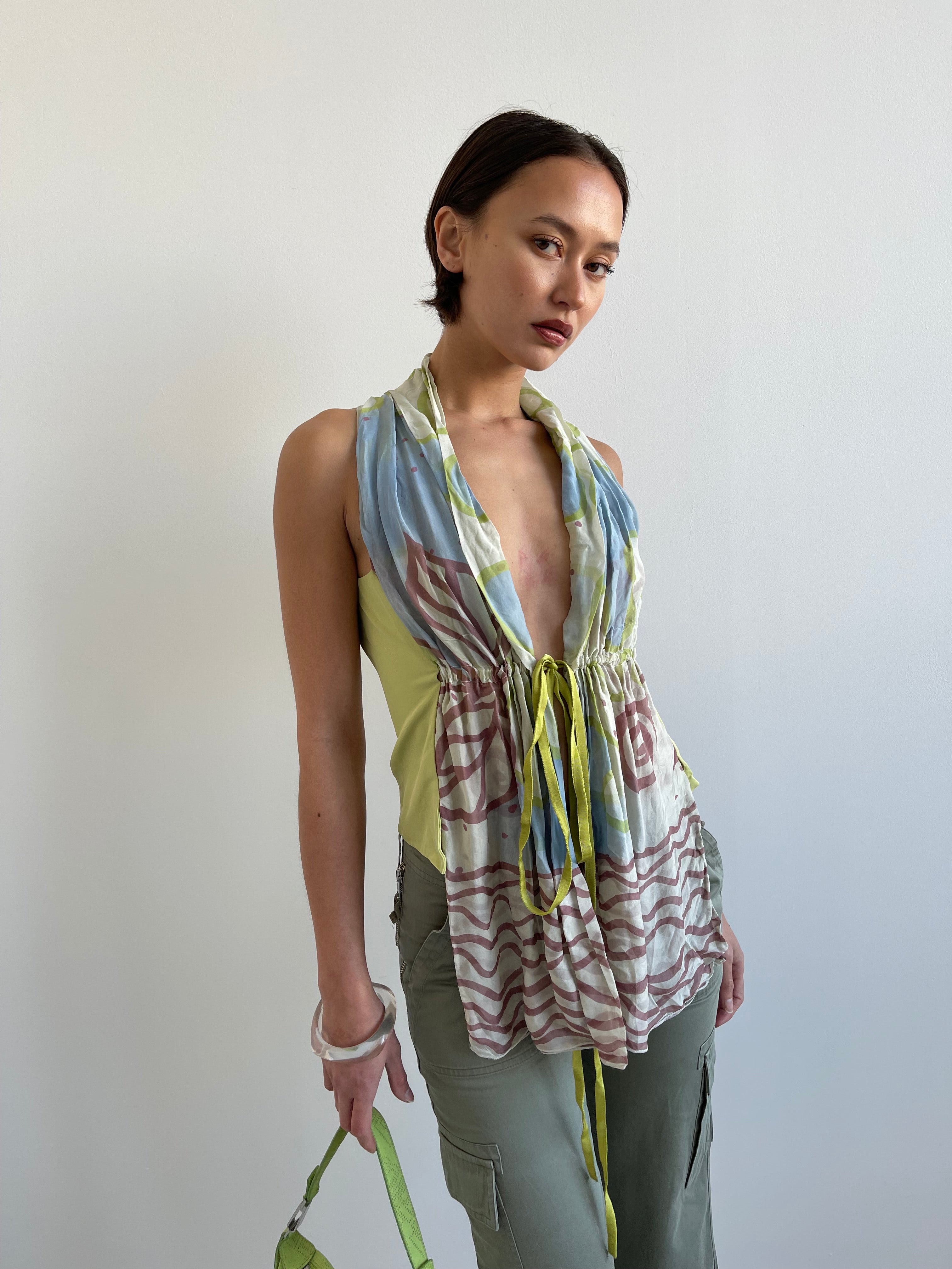 Dundup green and blue tie up blouse