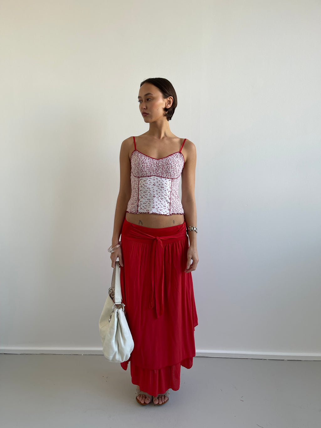 Red and white floral cami top with with lace trims