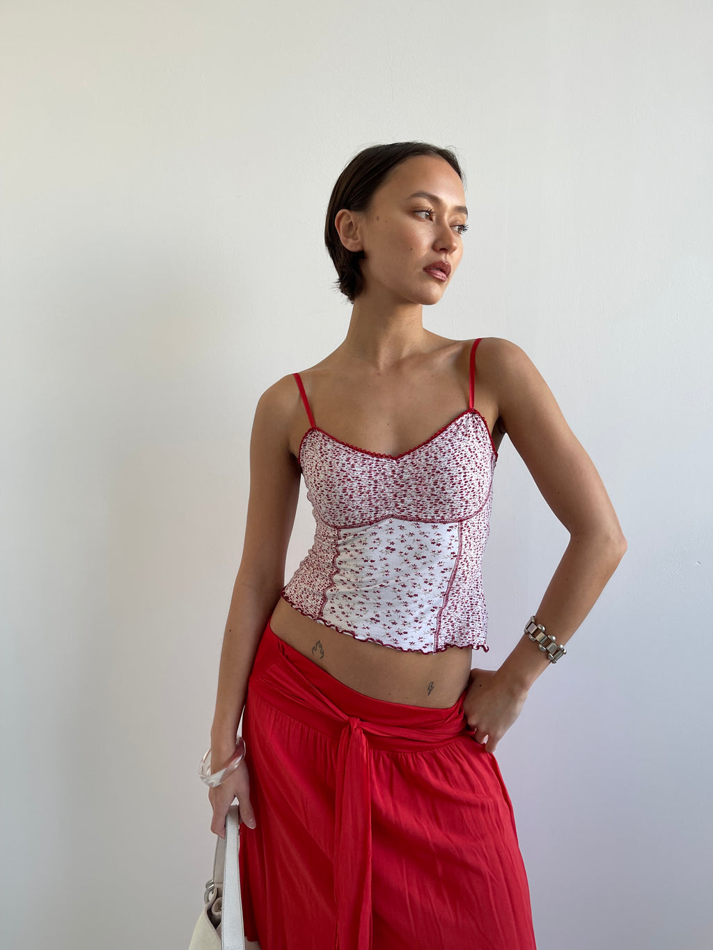 Red and white floral cami top with with lace trims