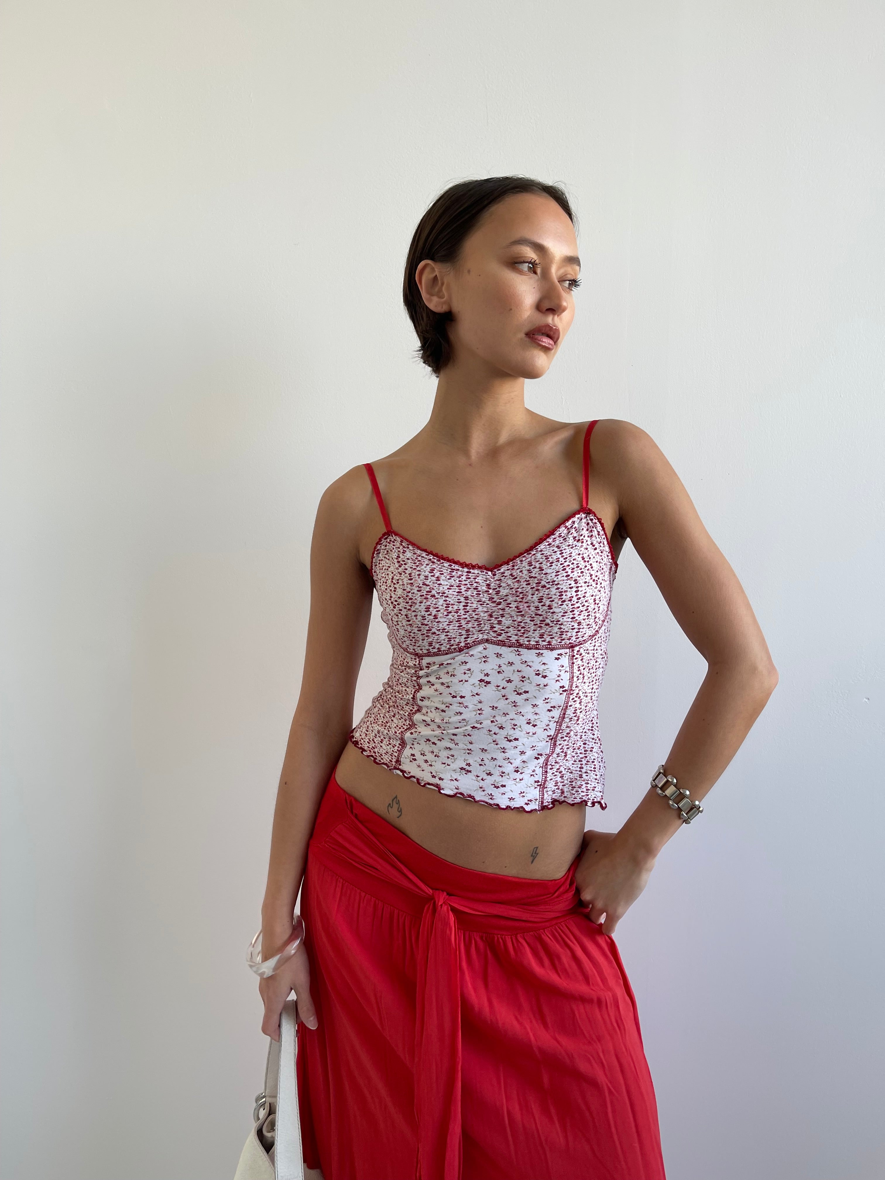 Red and white floral cami top with with lace trims