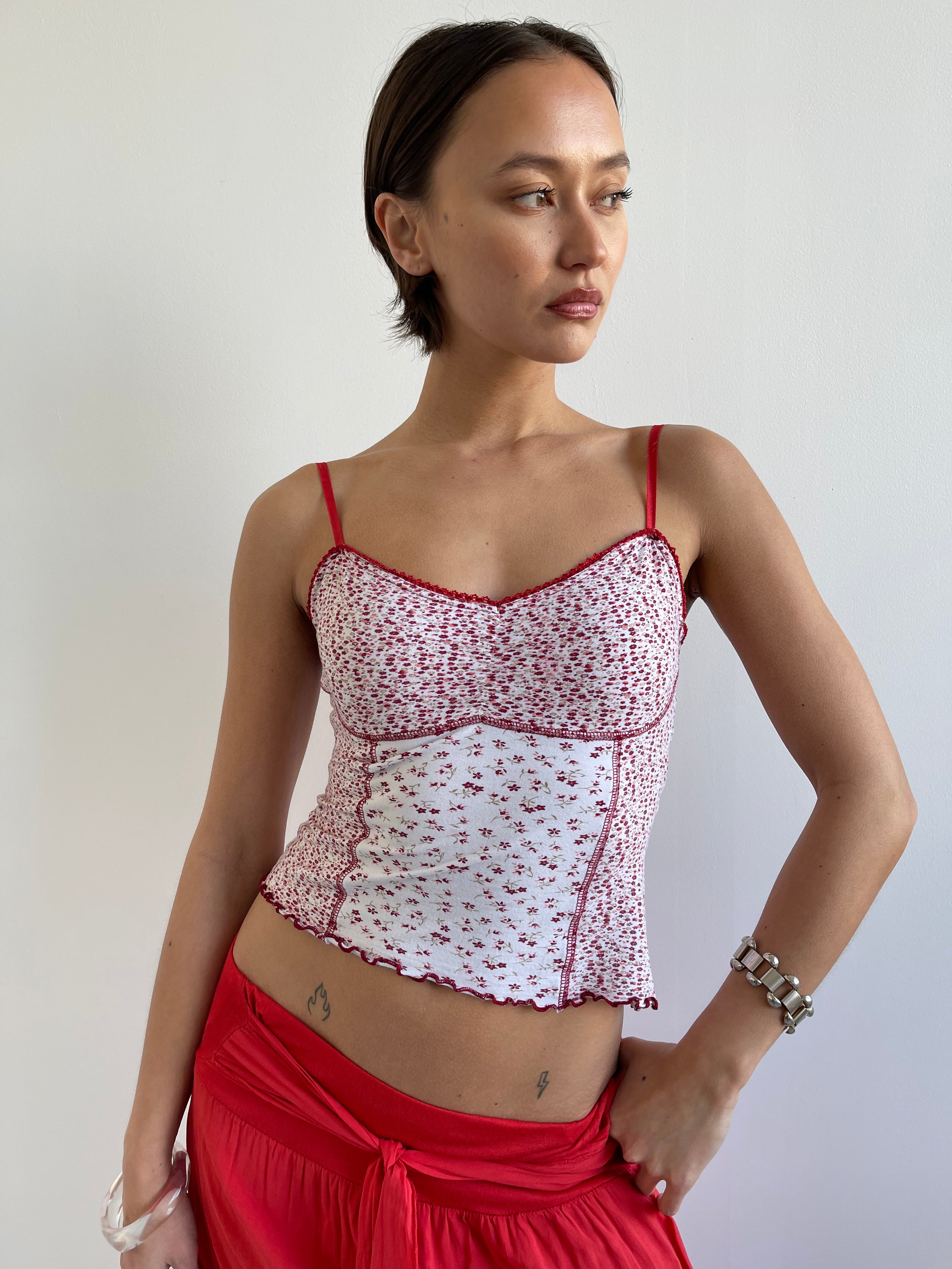 Red and white floral cami top with with lace trims