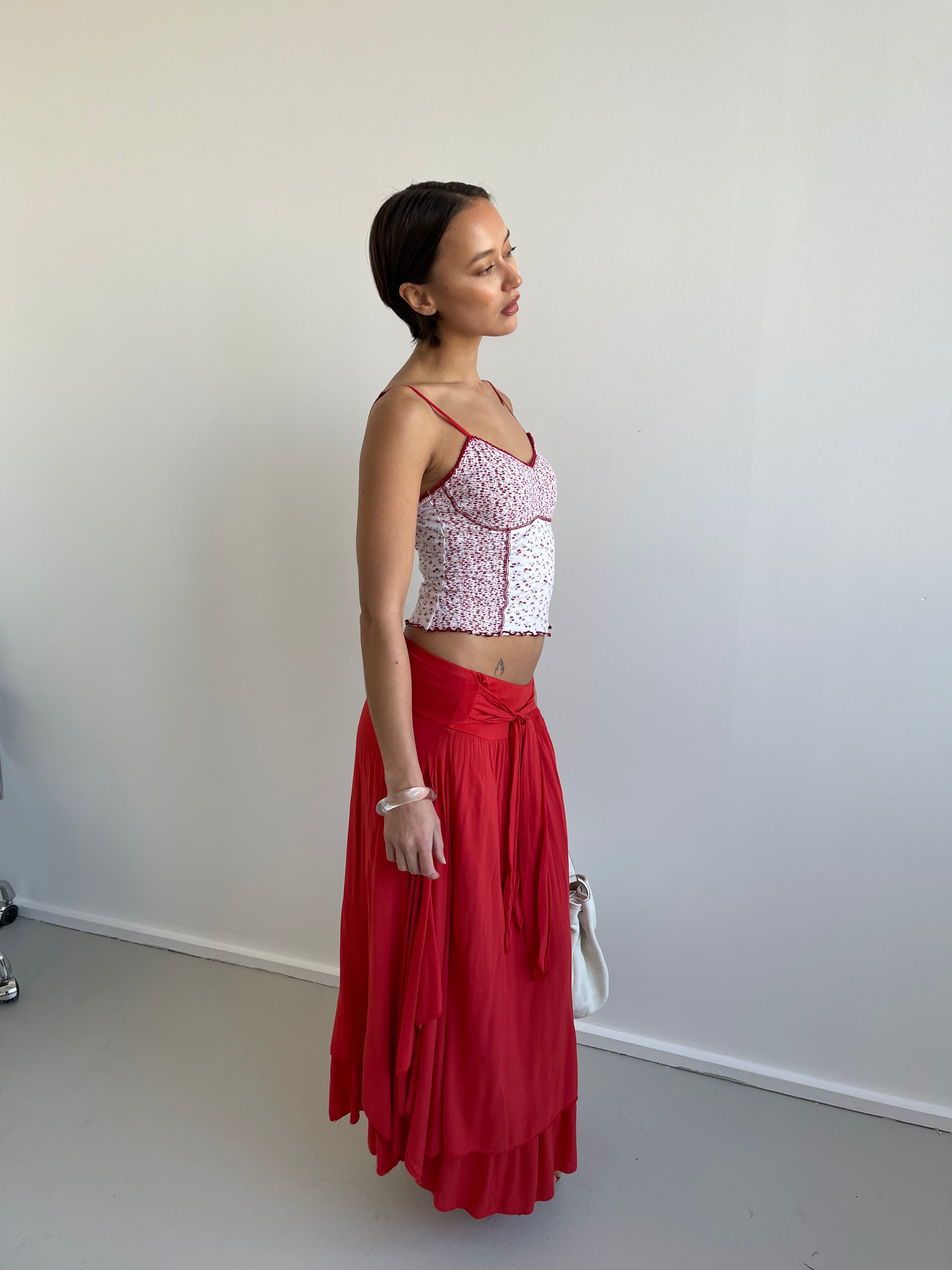 Red and white floral cami top with with lace trims