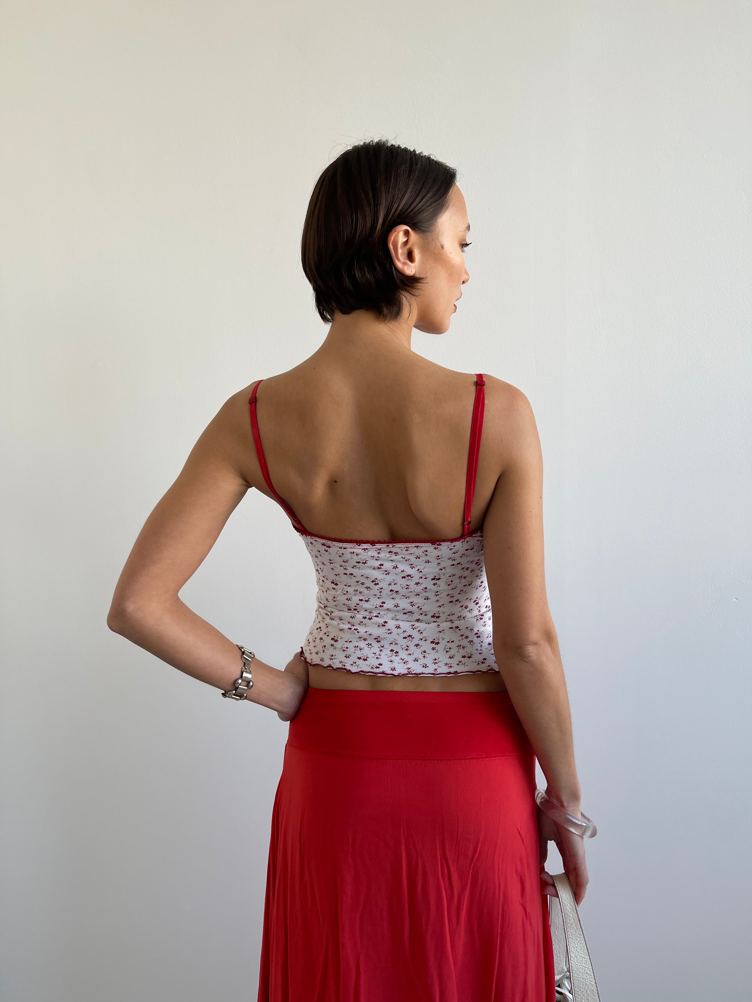 Red and white floral cami top with with lace trims