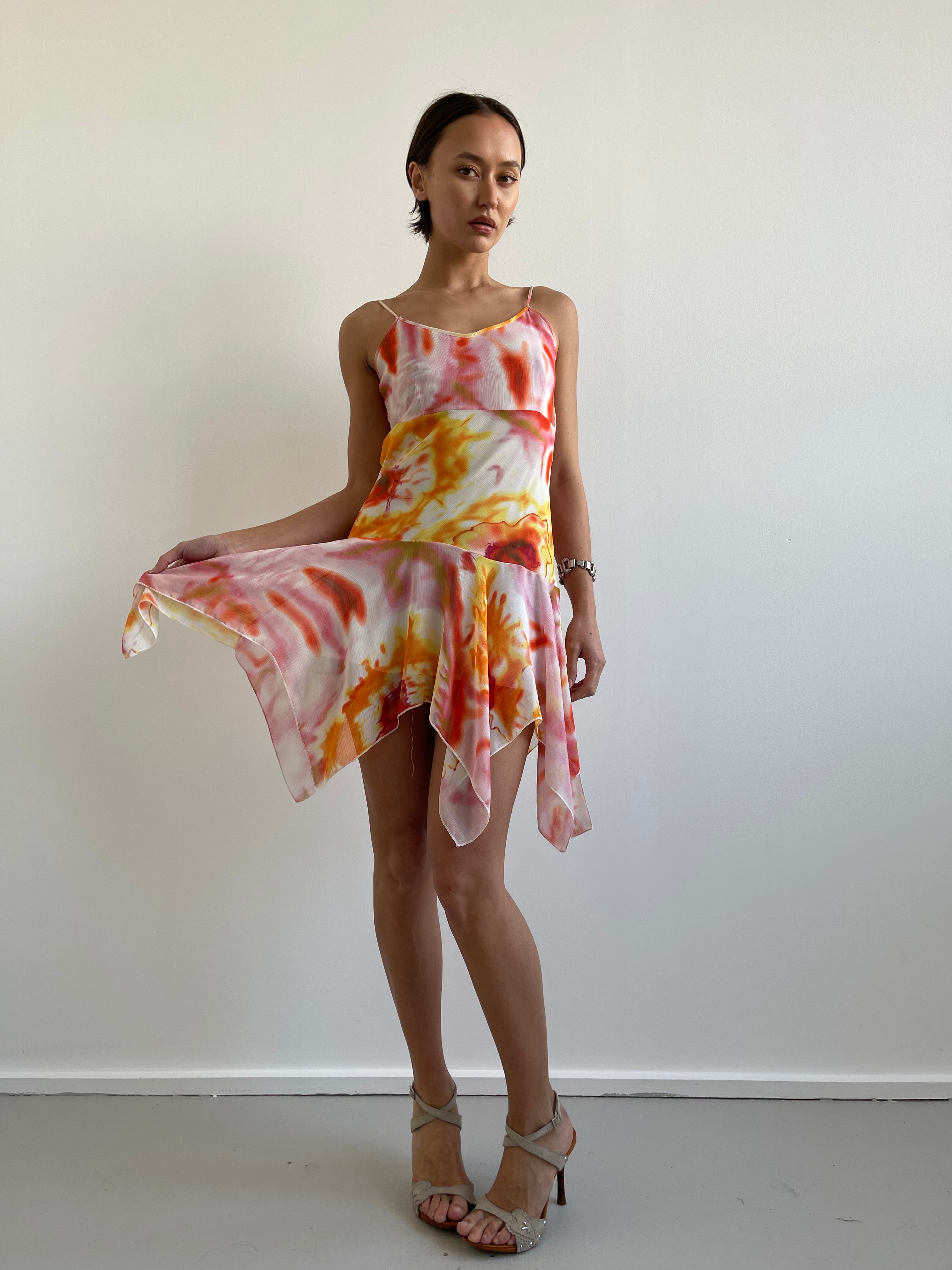 Pink and orange abstract floral floaty dress
