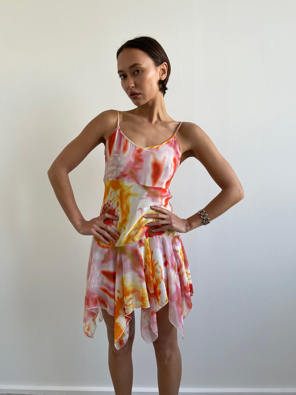Pink and orange abstract floral floaty dress
