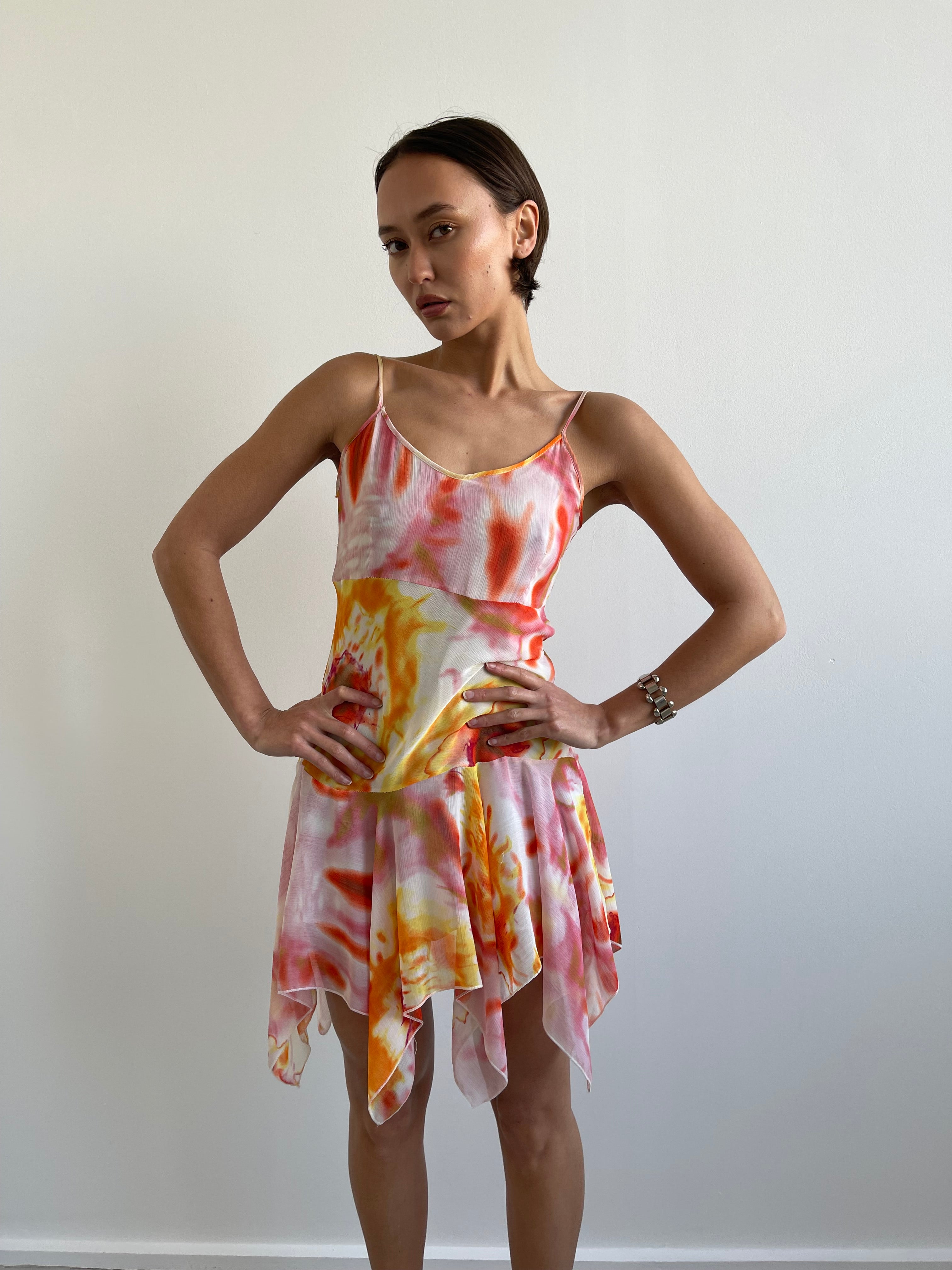 Pink and orange abstract floral floaty dress