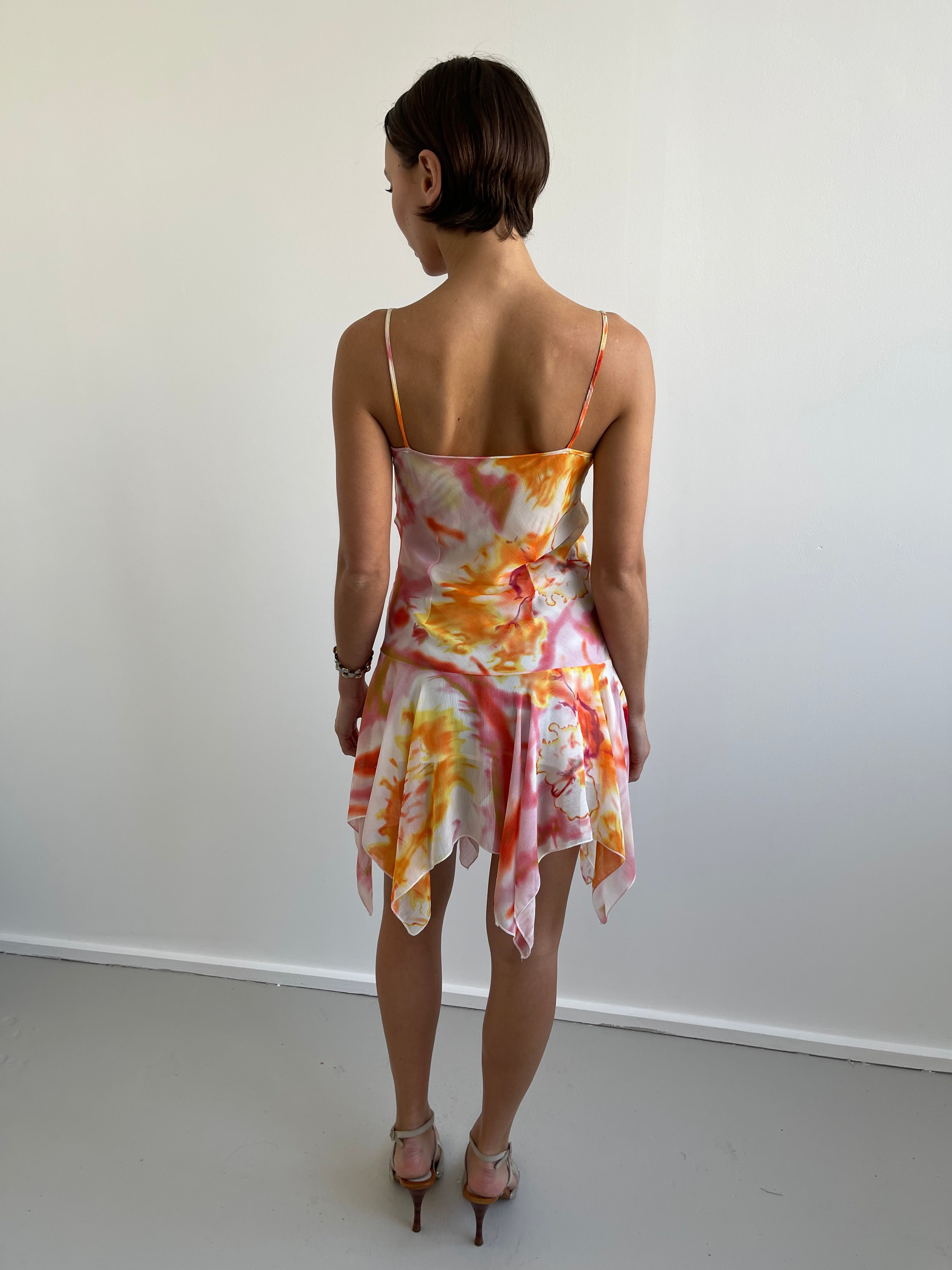 Pink and orange abstract floral floaty dress