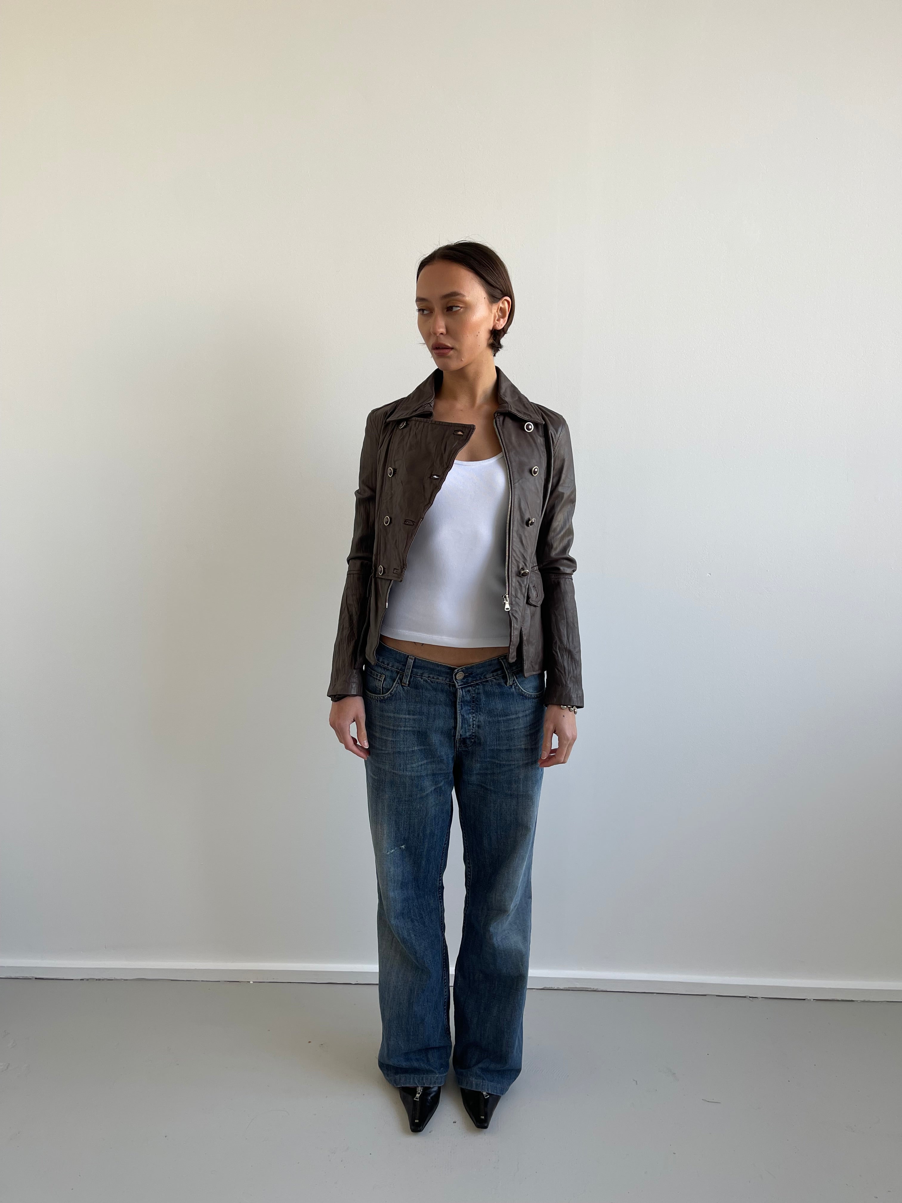 Vintage deadstock Brown military style leather jacket