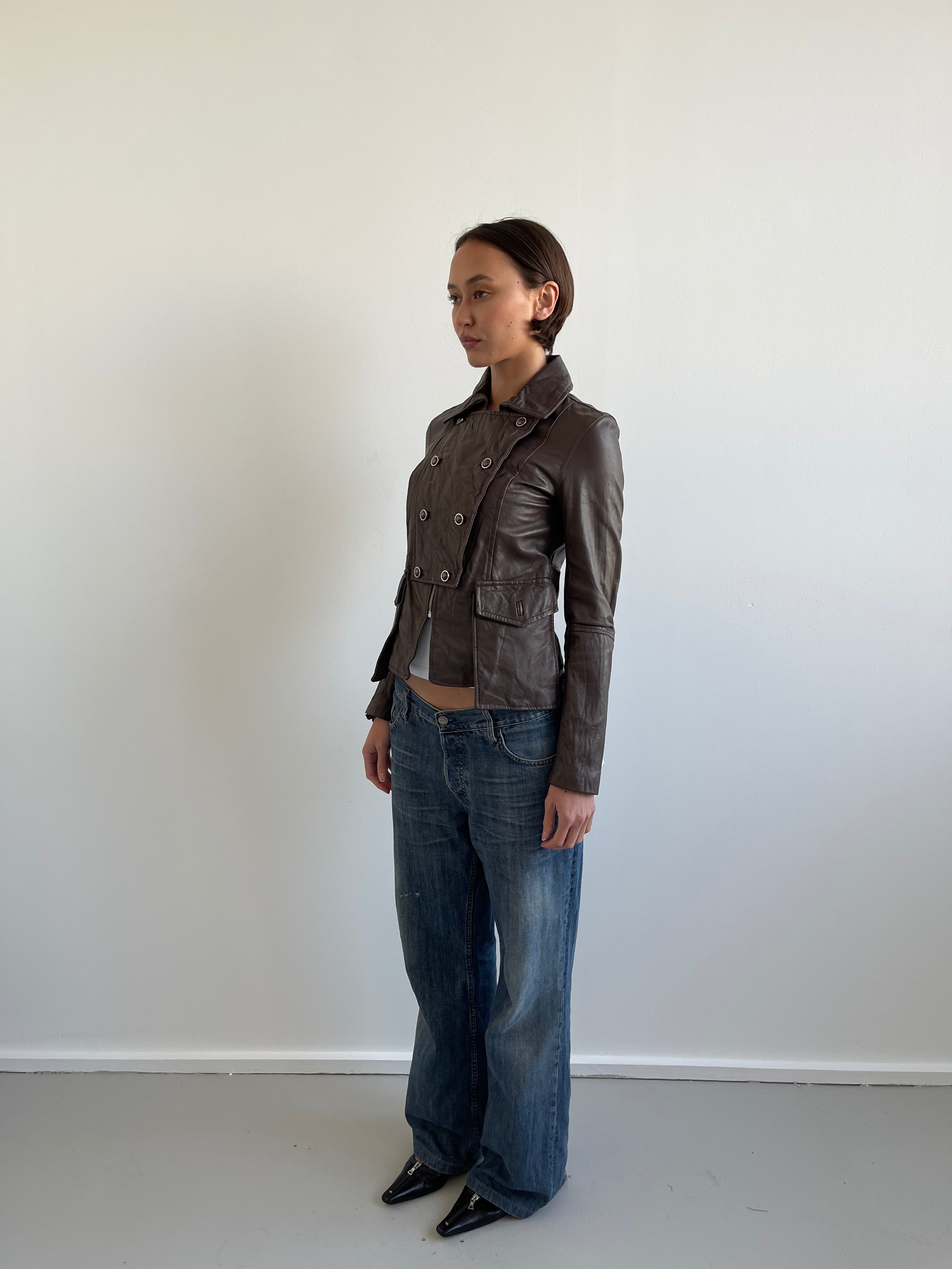 Vintage deadstock Brown military style leather jacket