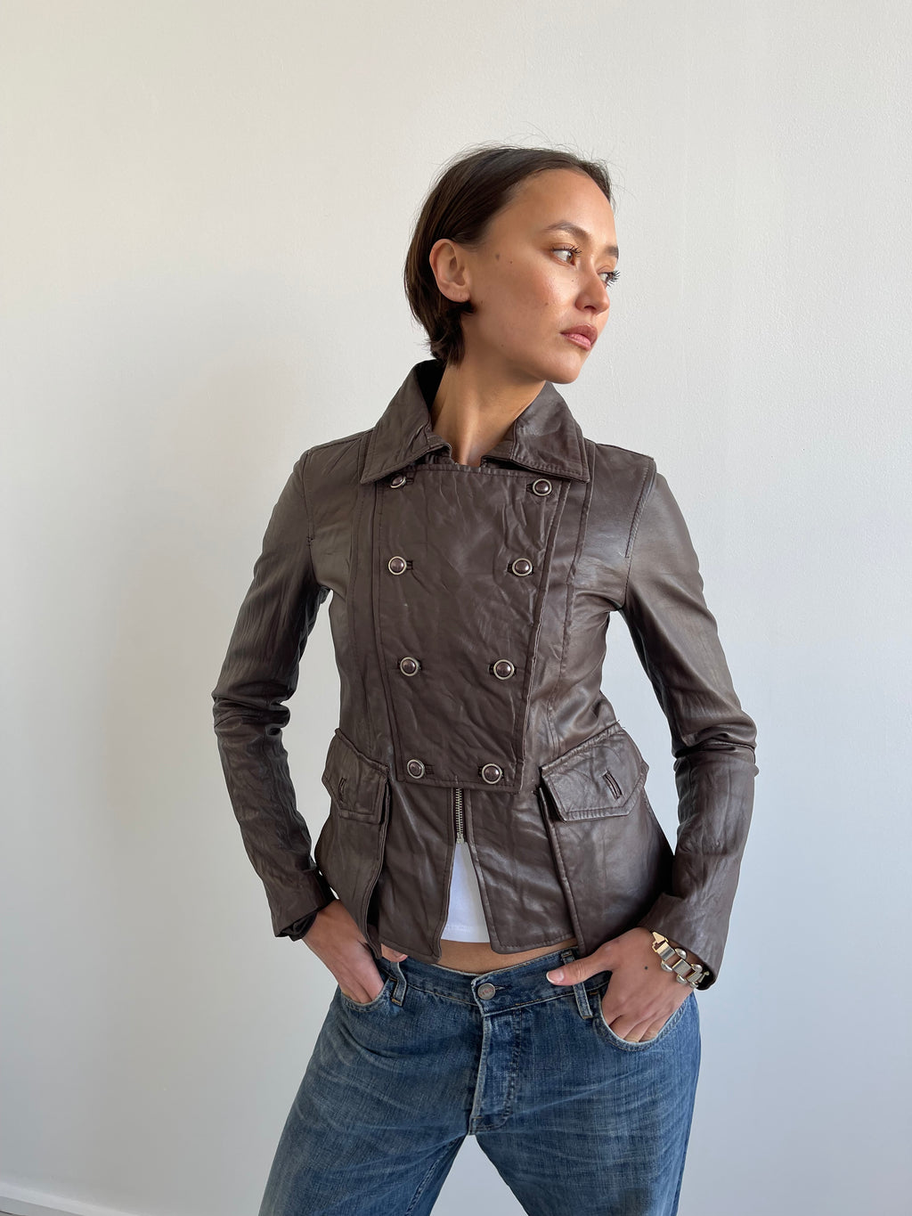Vintage deadstock Brown military style leather jacket
