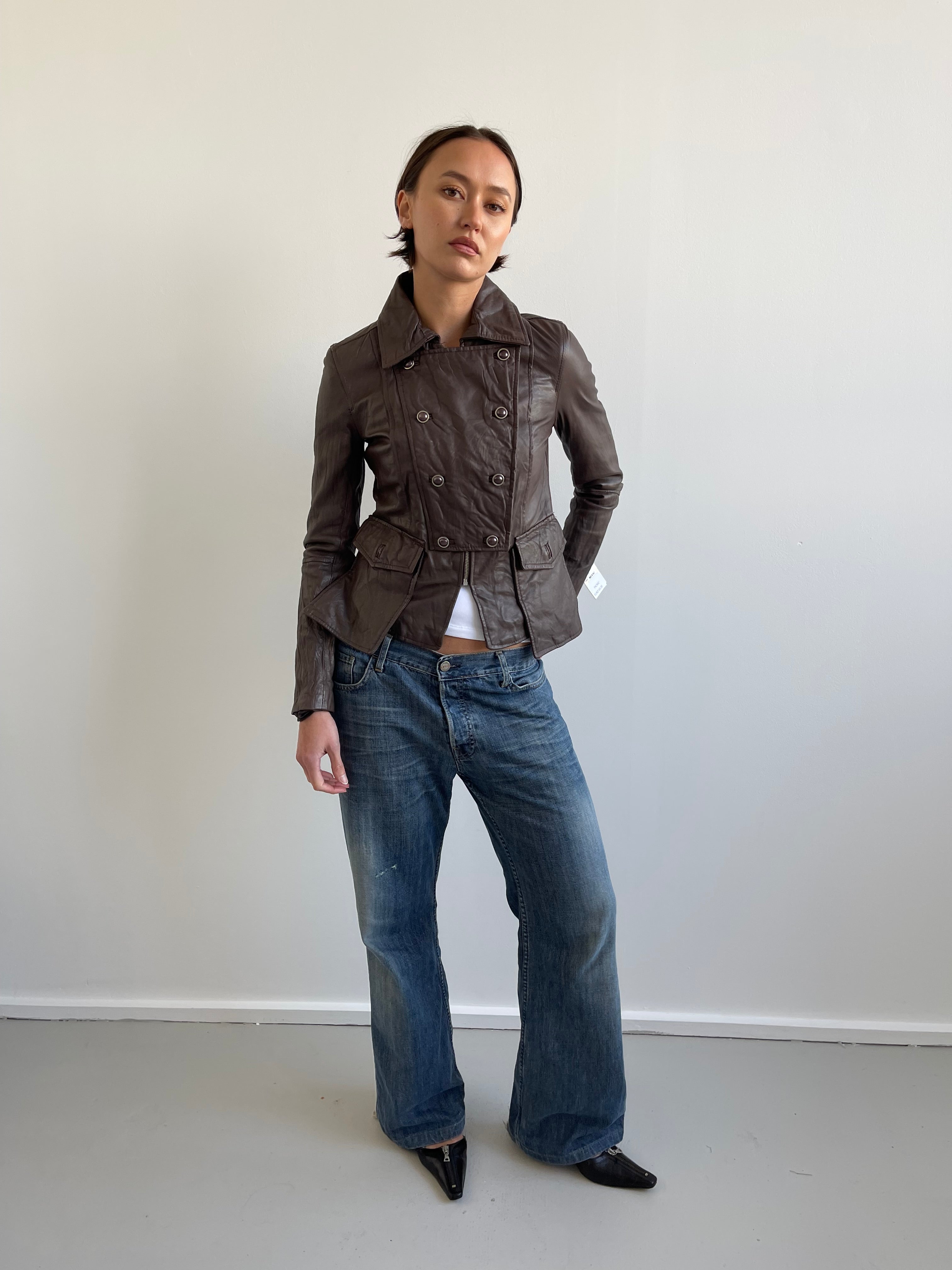 Vintage deadstock Brown military style leather jacket