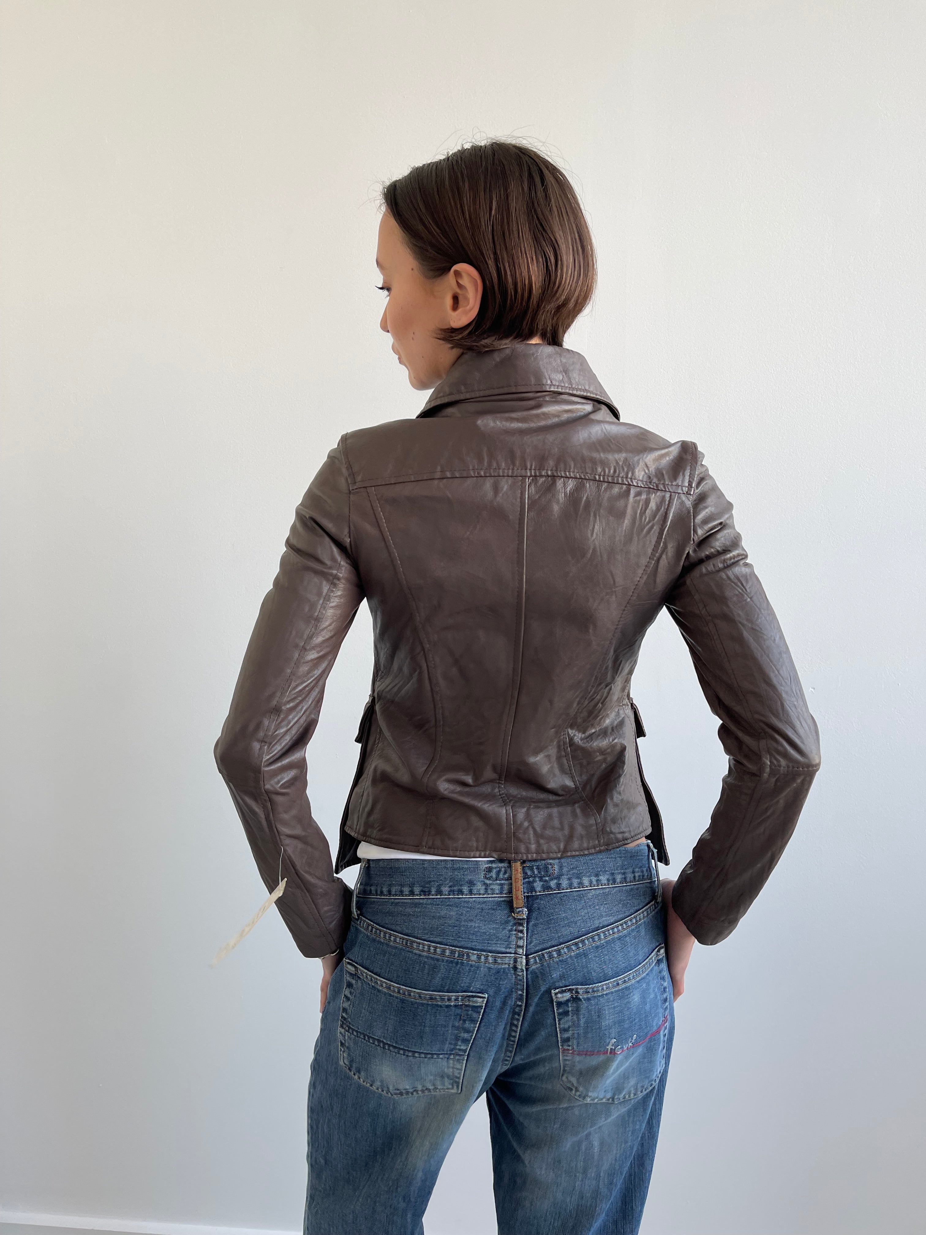 Vintage deadstock Brown military style leather jacket