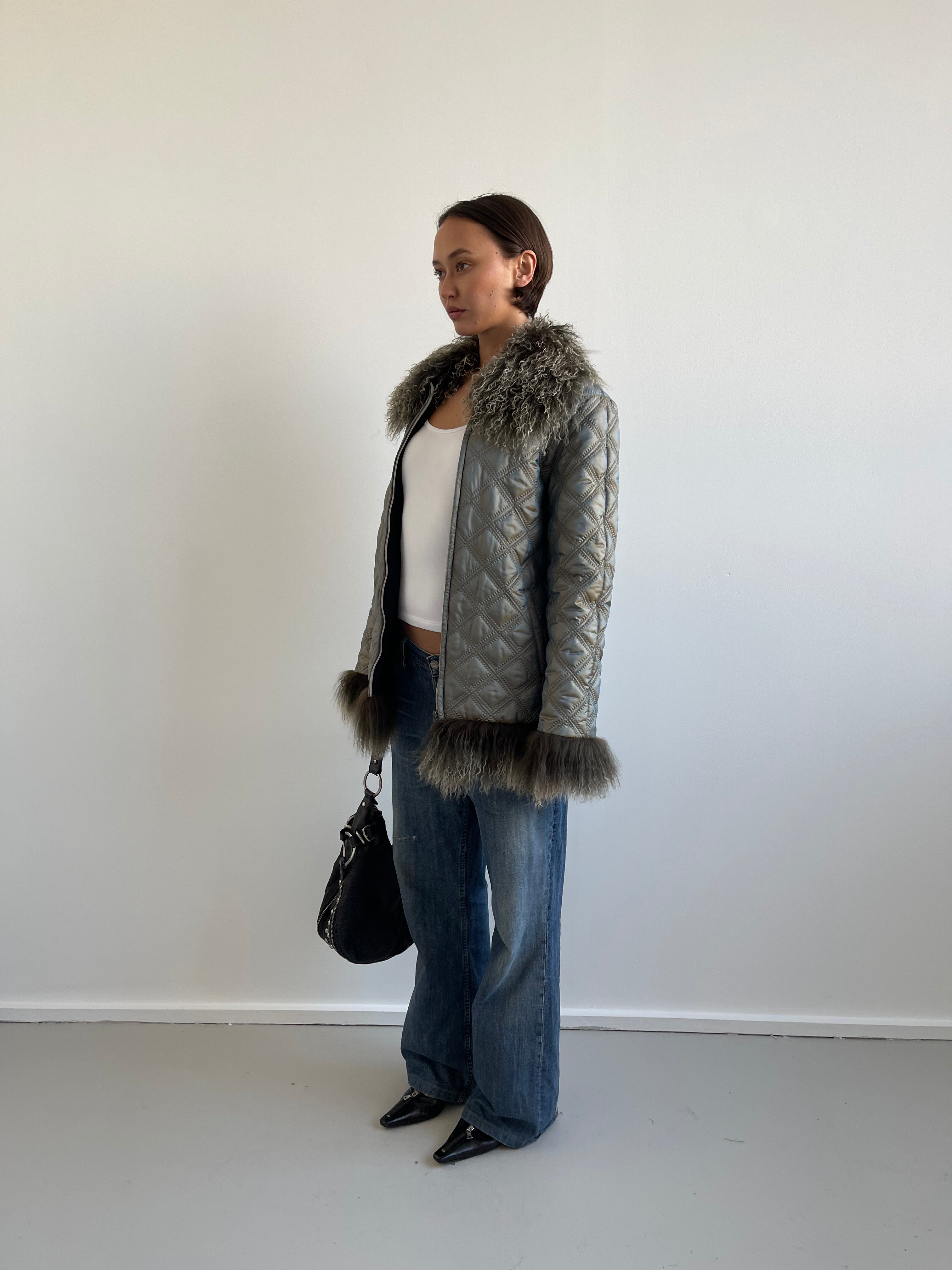 Iridescent quilted afghan coat