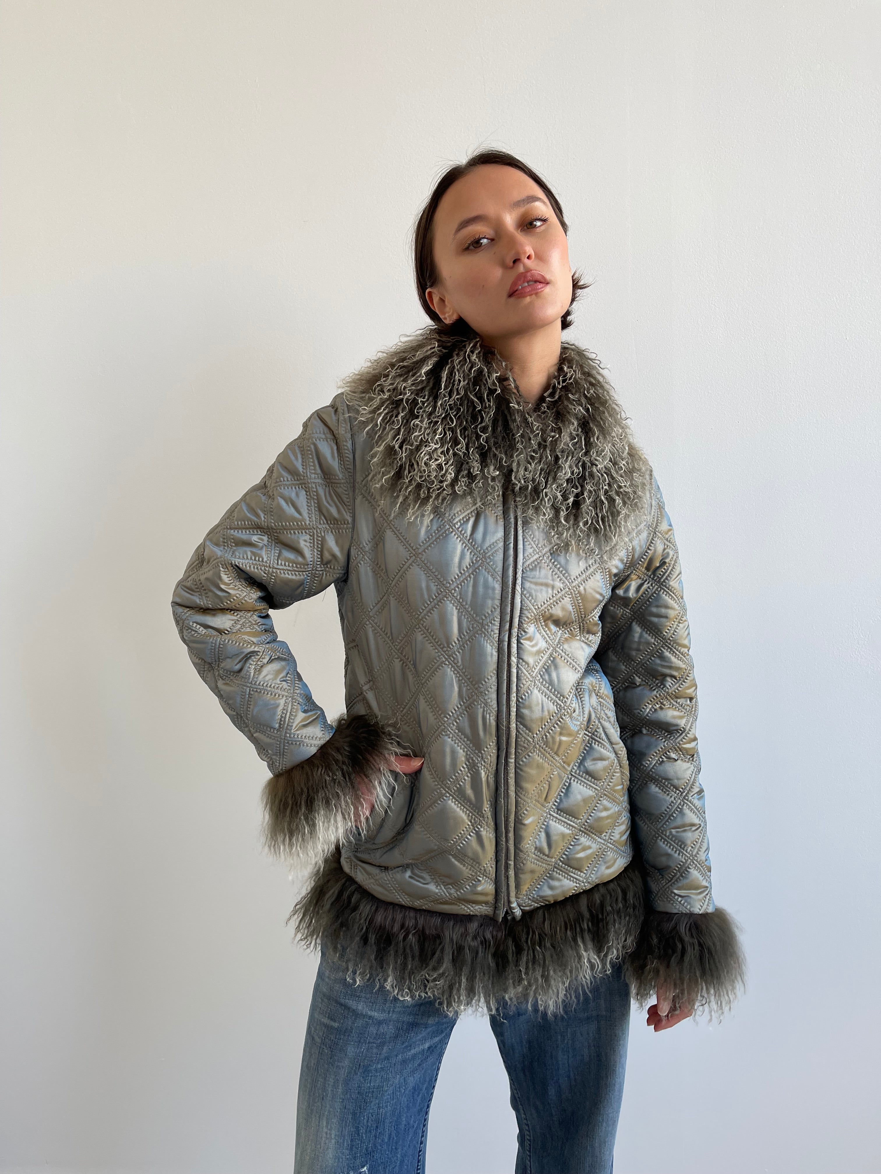 Iridescent quilted afghan coat