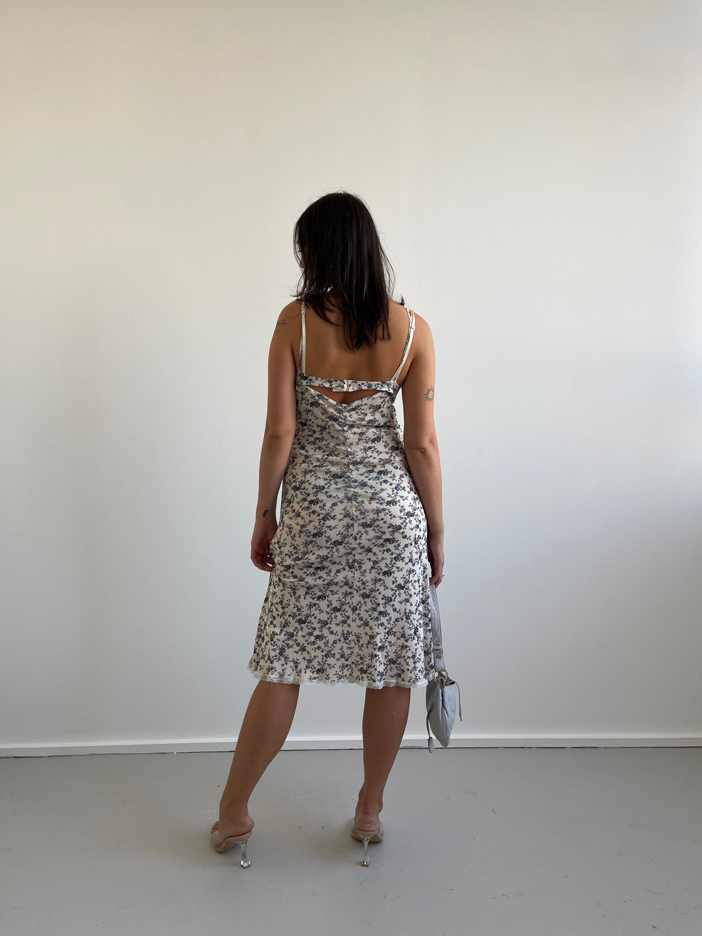 Blue floral midi dress with ruffle trim