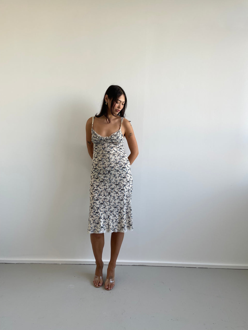 Blue floral midi dress with ruffle trim