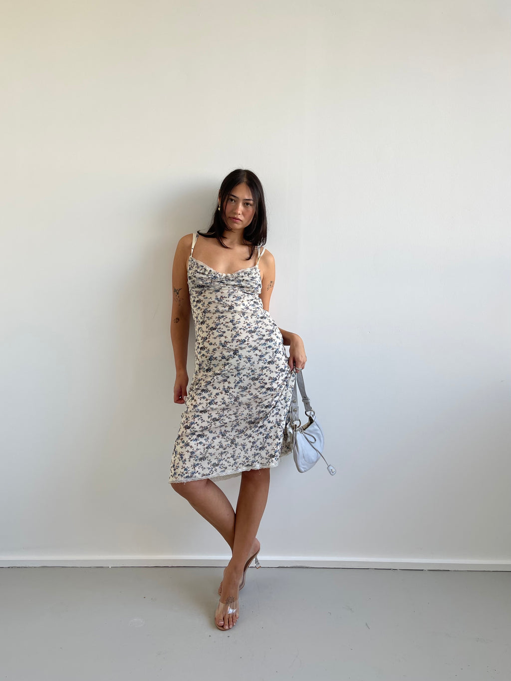 Blue floral midi dress with ruffle trim