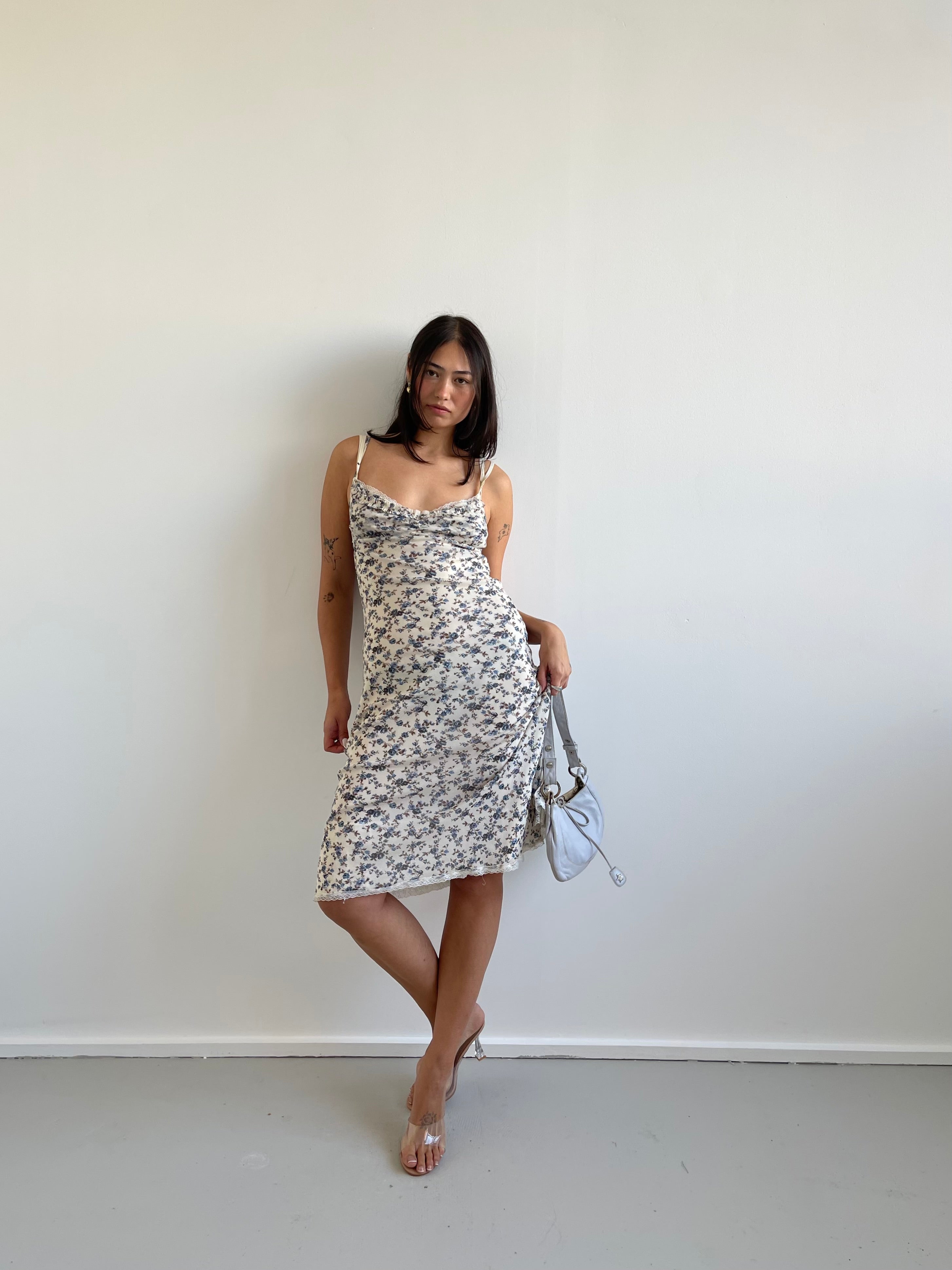 Blue floral midi dress with ruffle trim