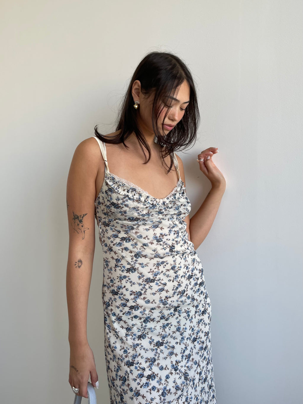 Blue floral midi dress with ruffle trim