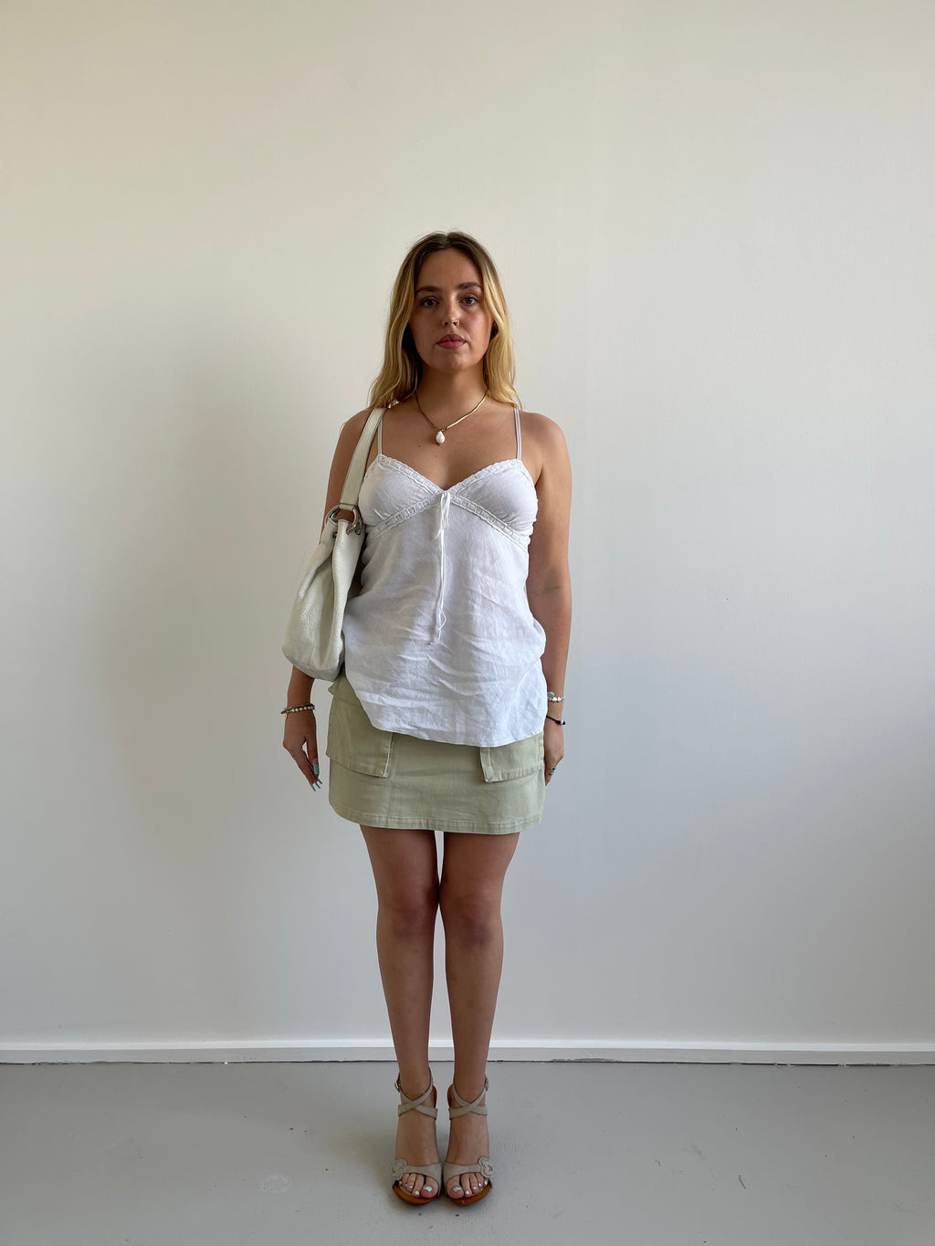 White linen cami top with floral ribbon detail