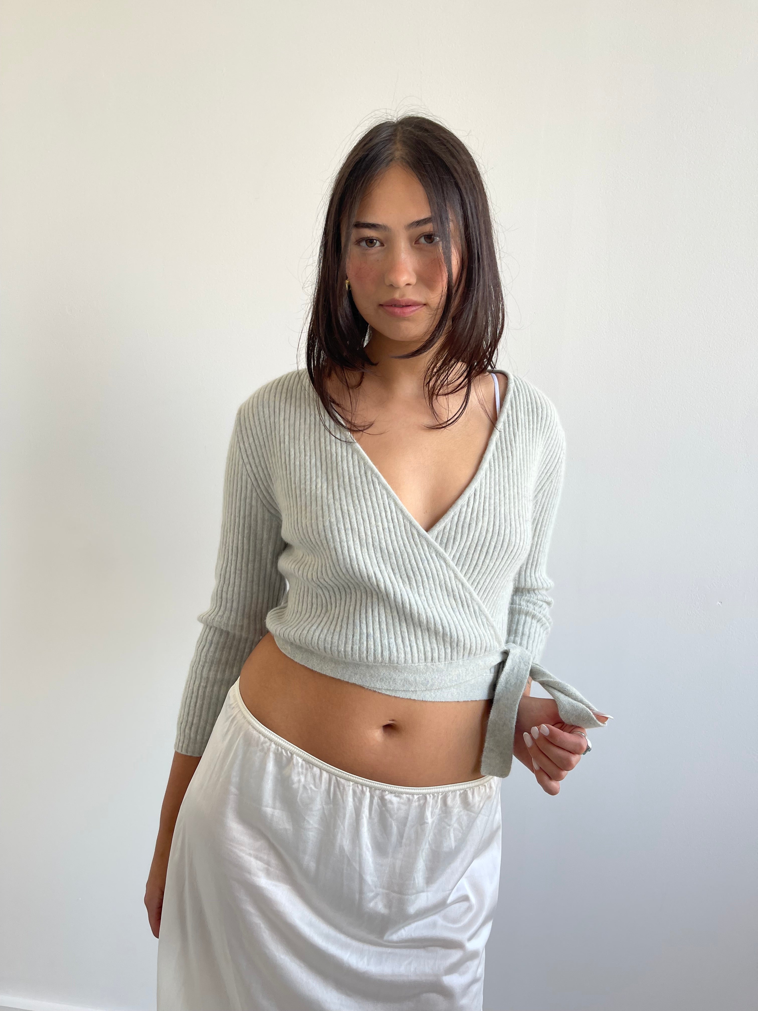 Vintage baby blue angora wool wrap around cardigan