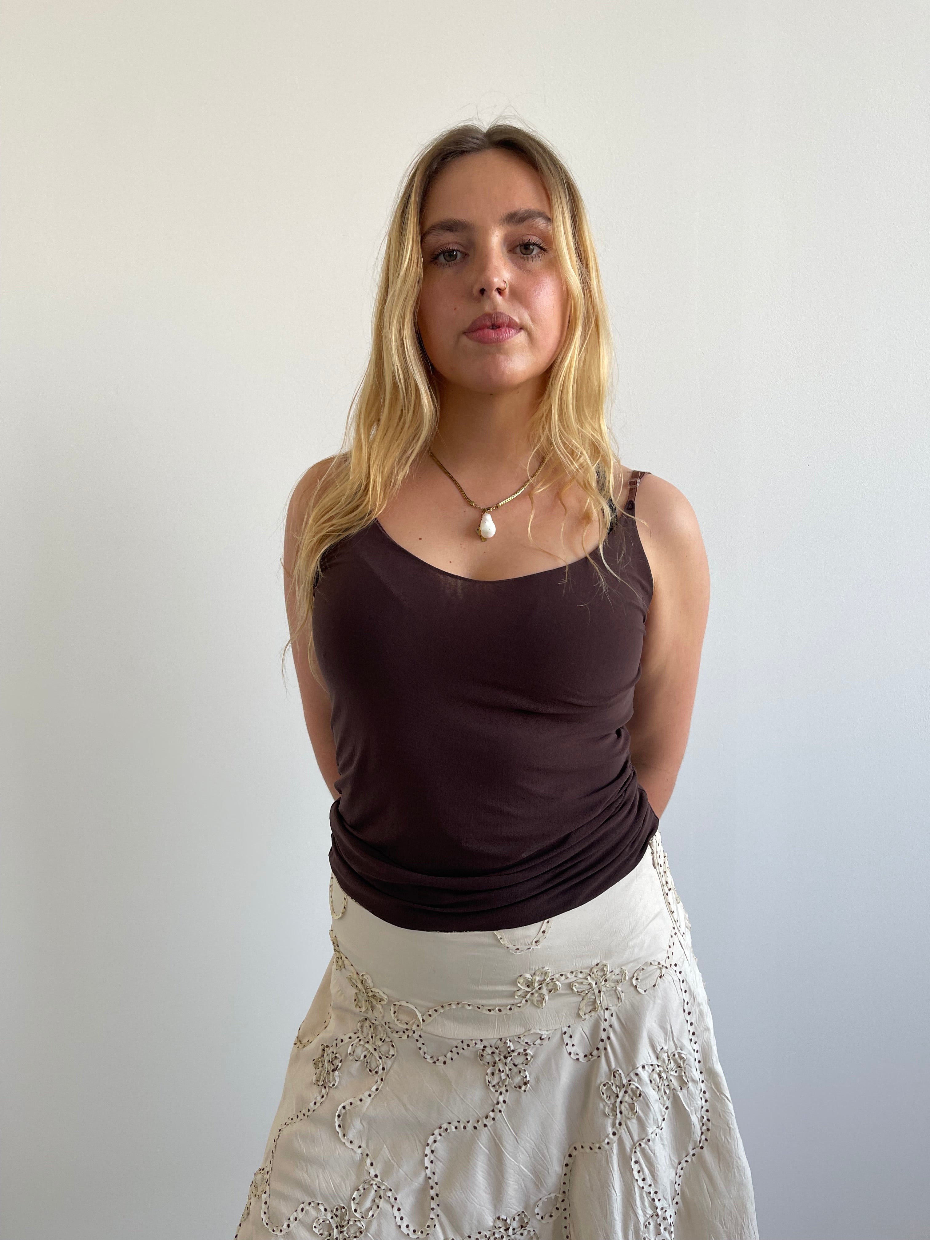 Brown double layered micro mesh cami top