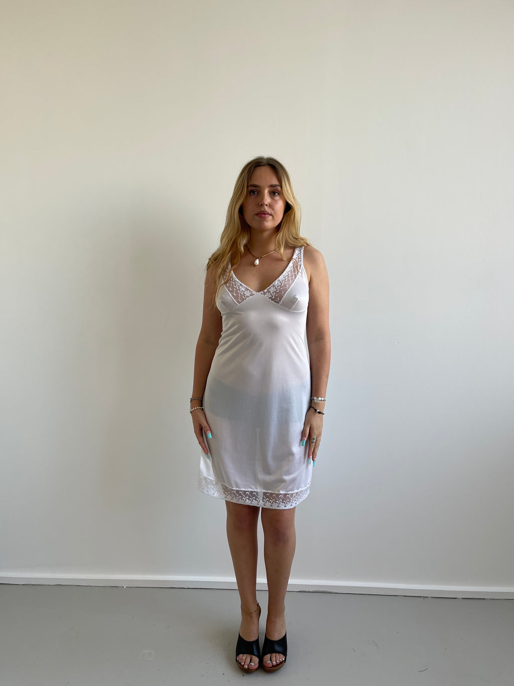 Vintage white slip dress with floral embroidered mesh trims