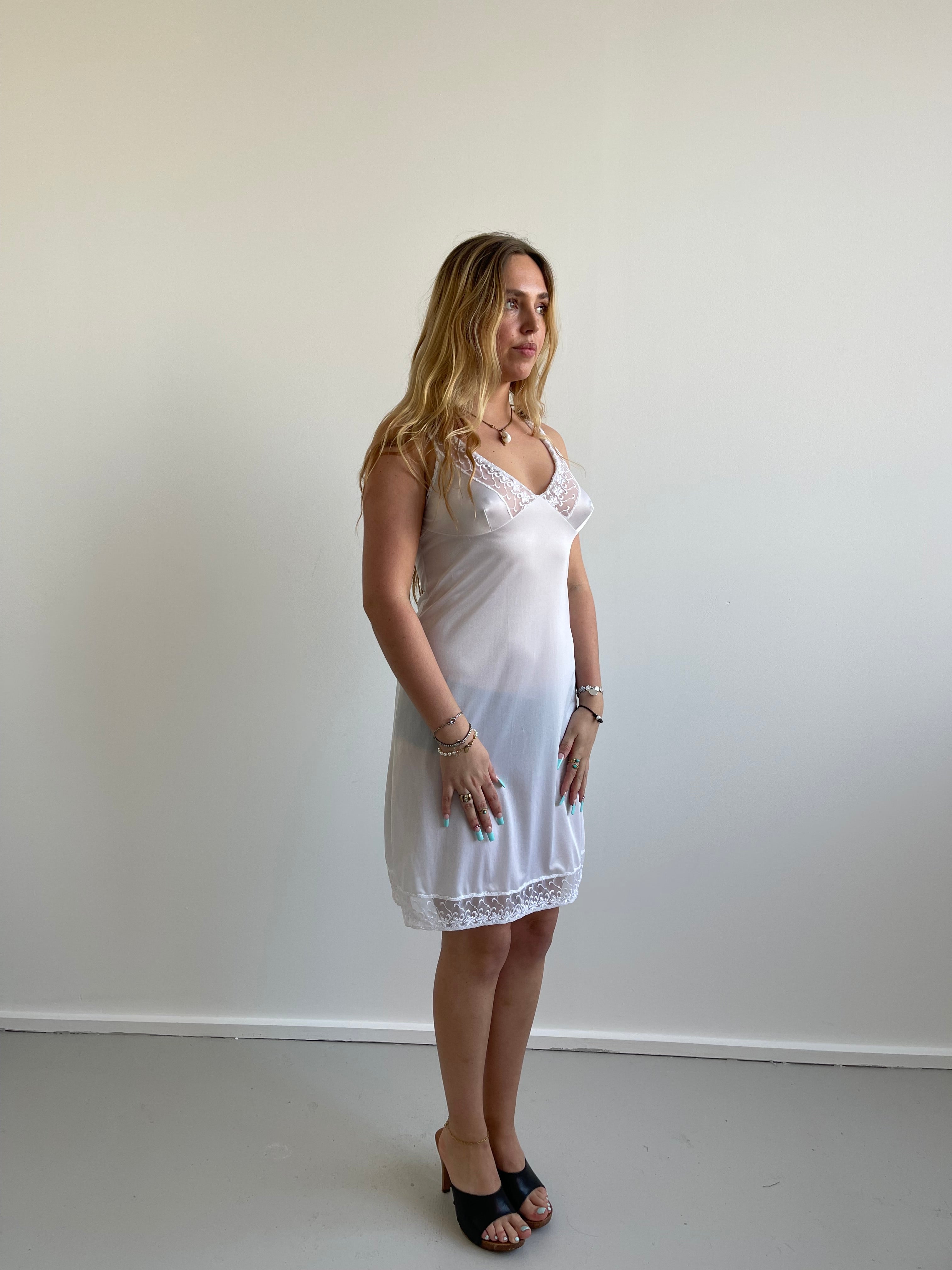 Vintage white slip dress with floral embroidered mesh trims
