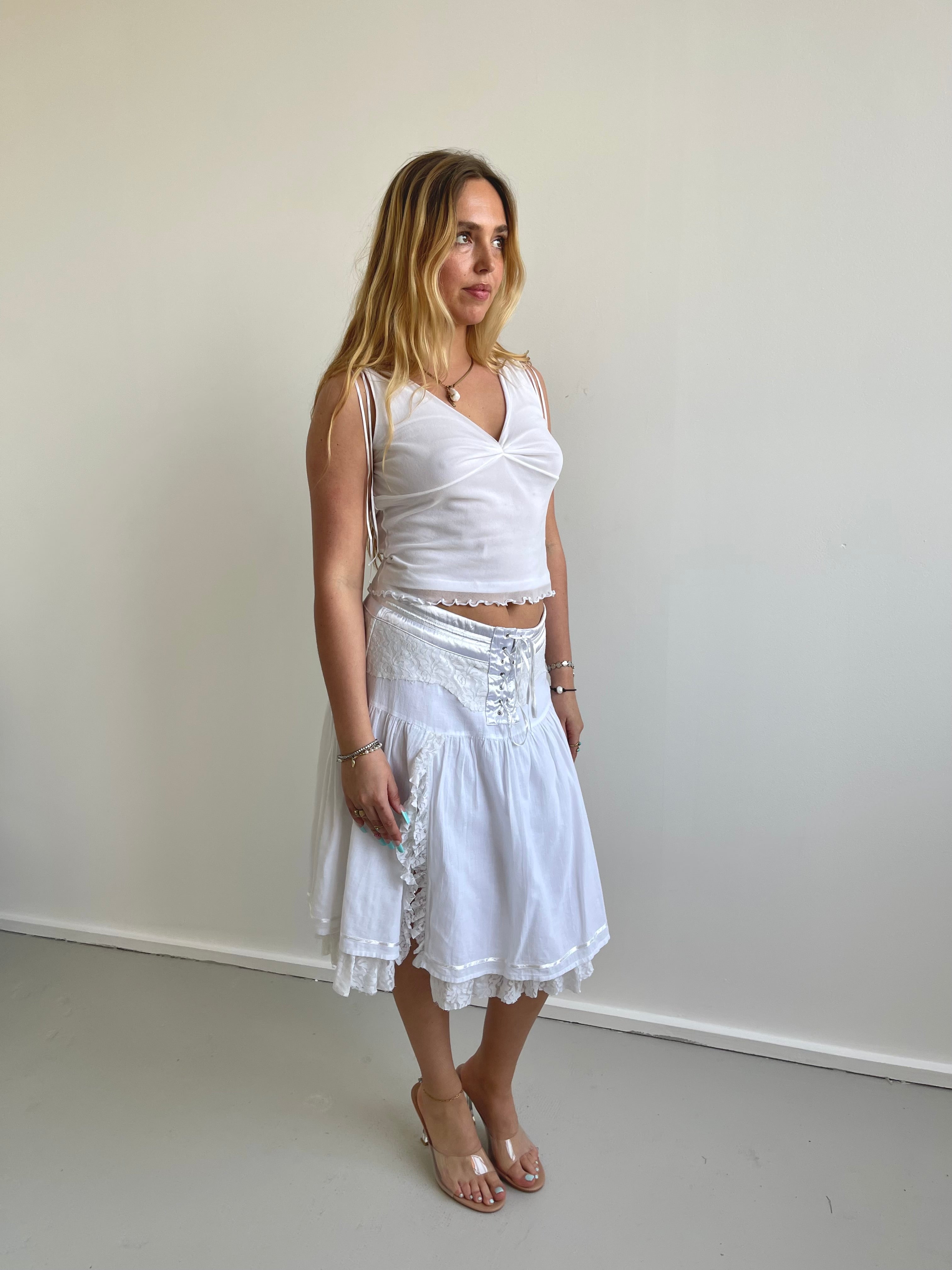 White floaty midi skirt with lace detail