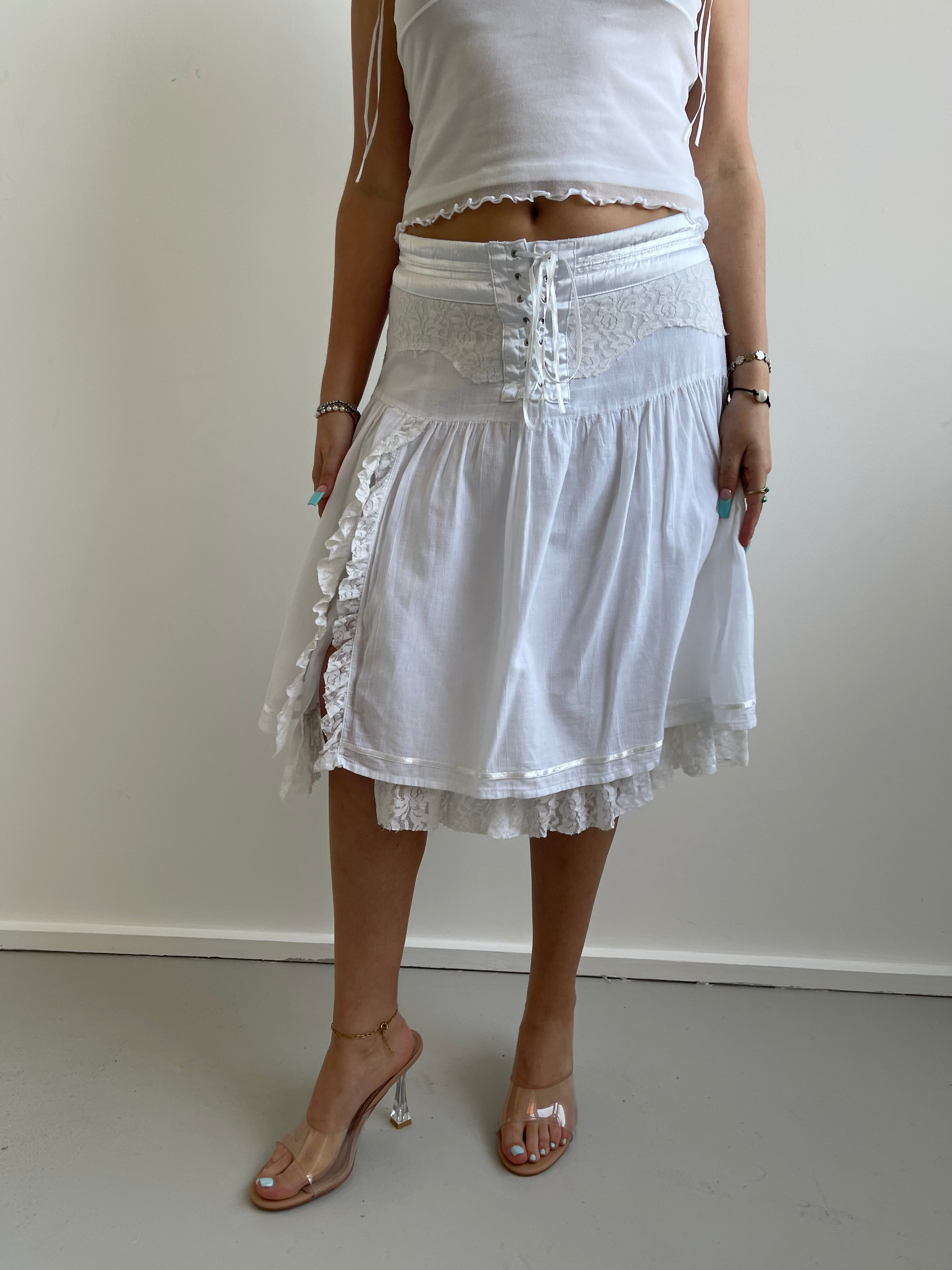 White floaty midi skirt with lace detail
