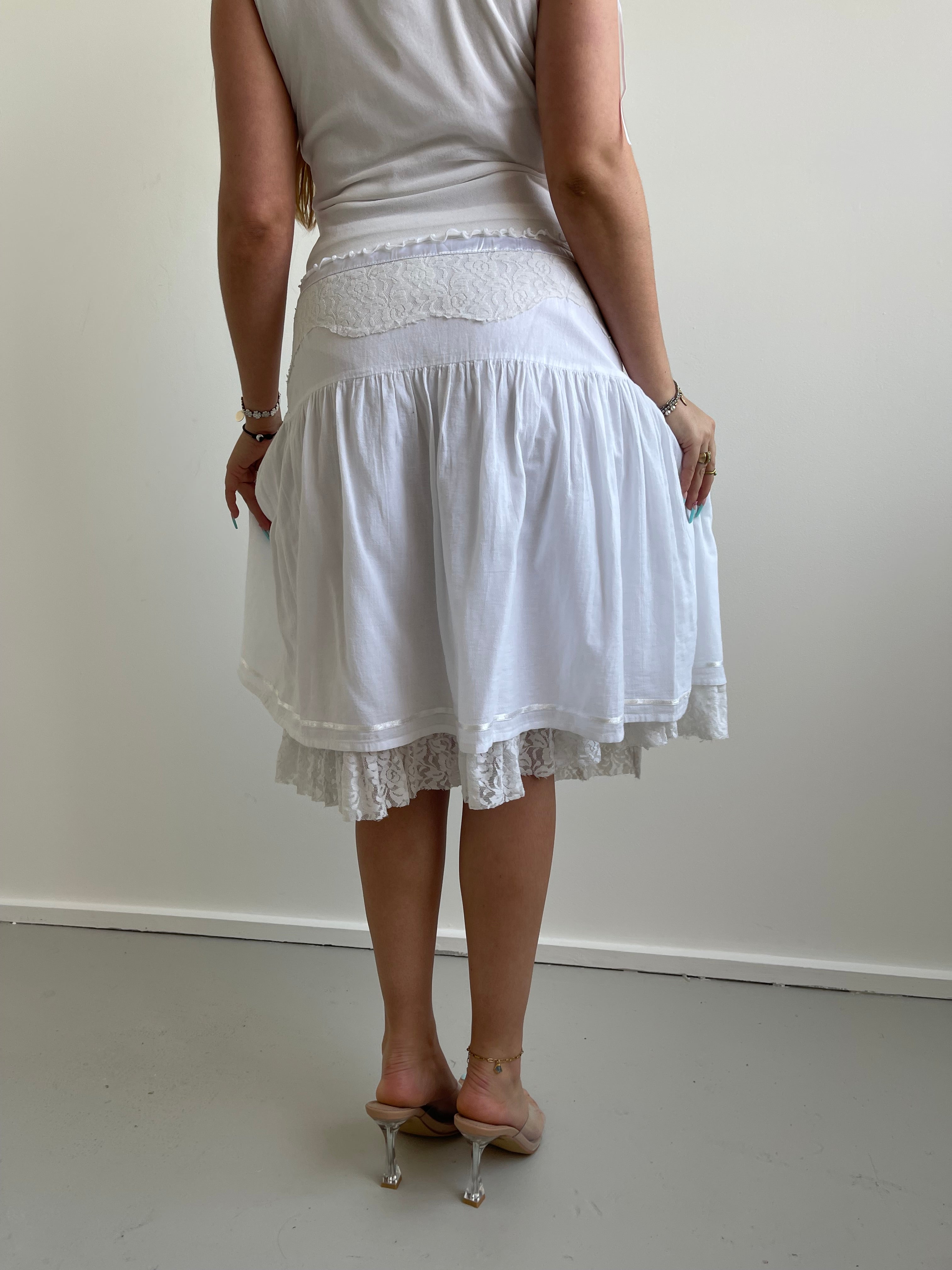 White floaty midi skirt with lace detail
