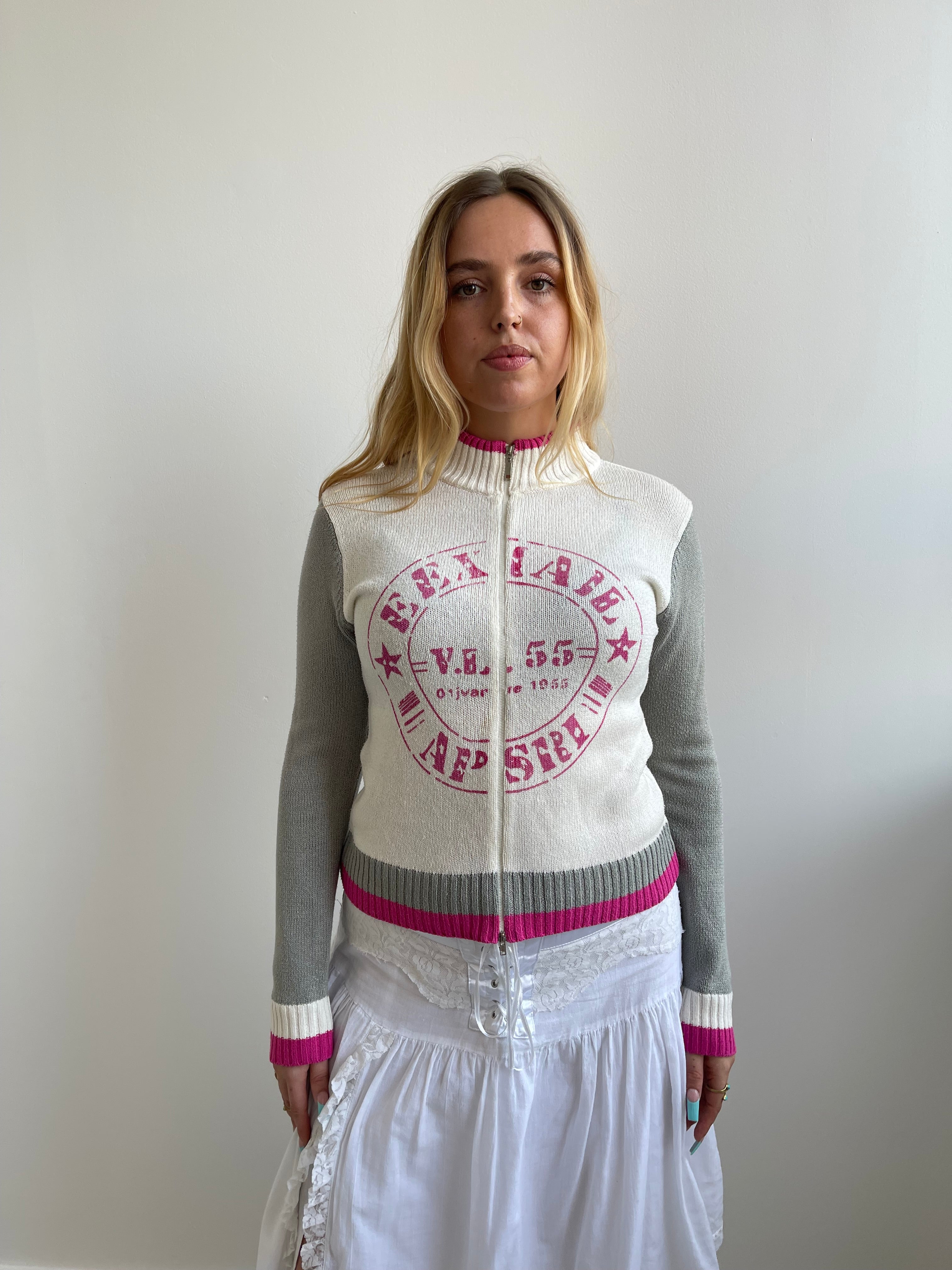 Reds pink, grey and cream zip up jumper