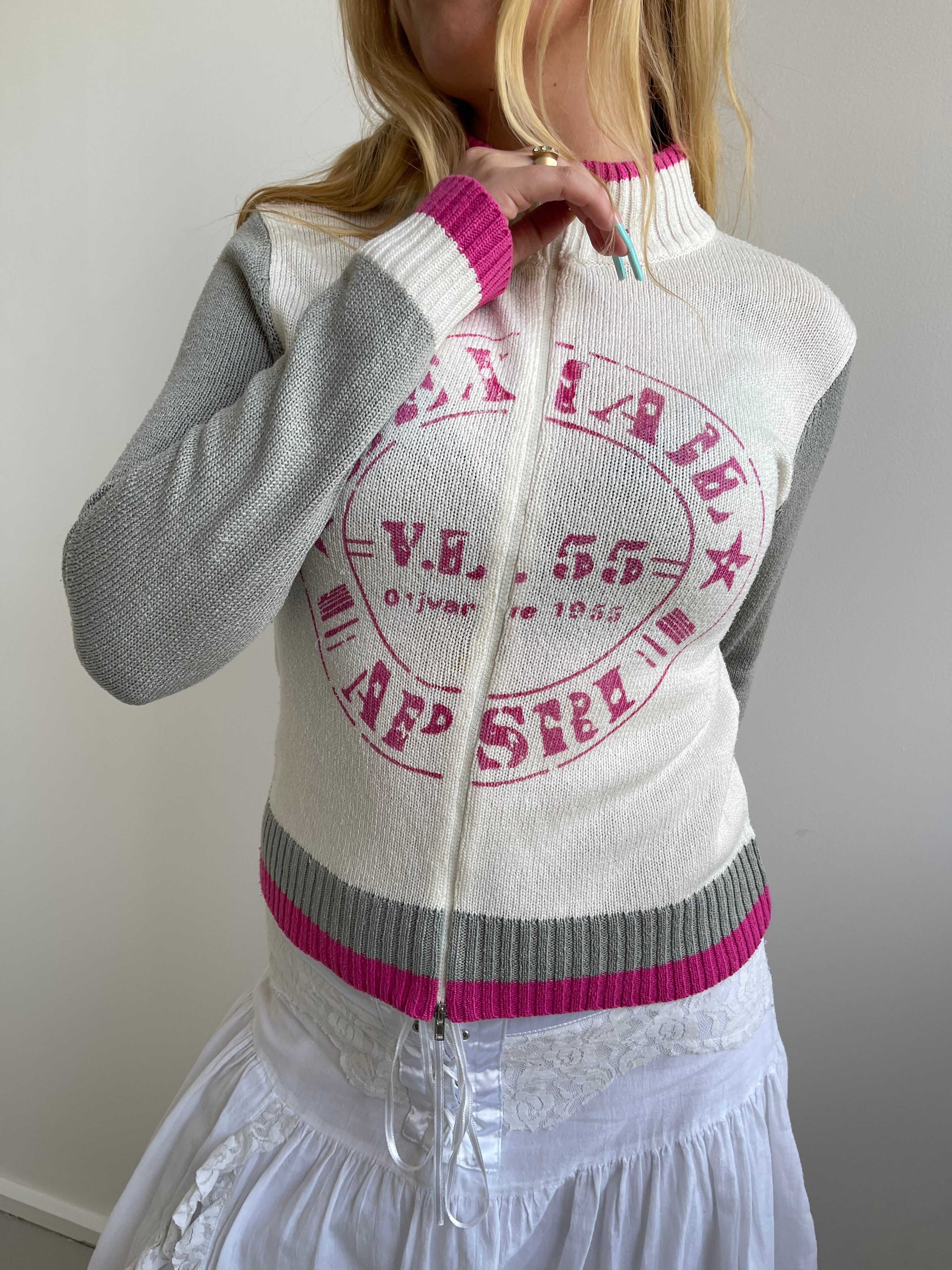 Reds pink, grey and cream zip up jumper