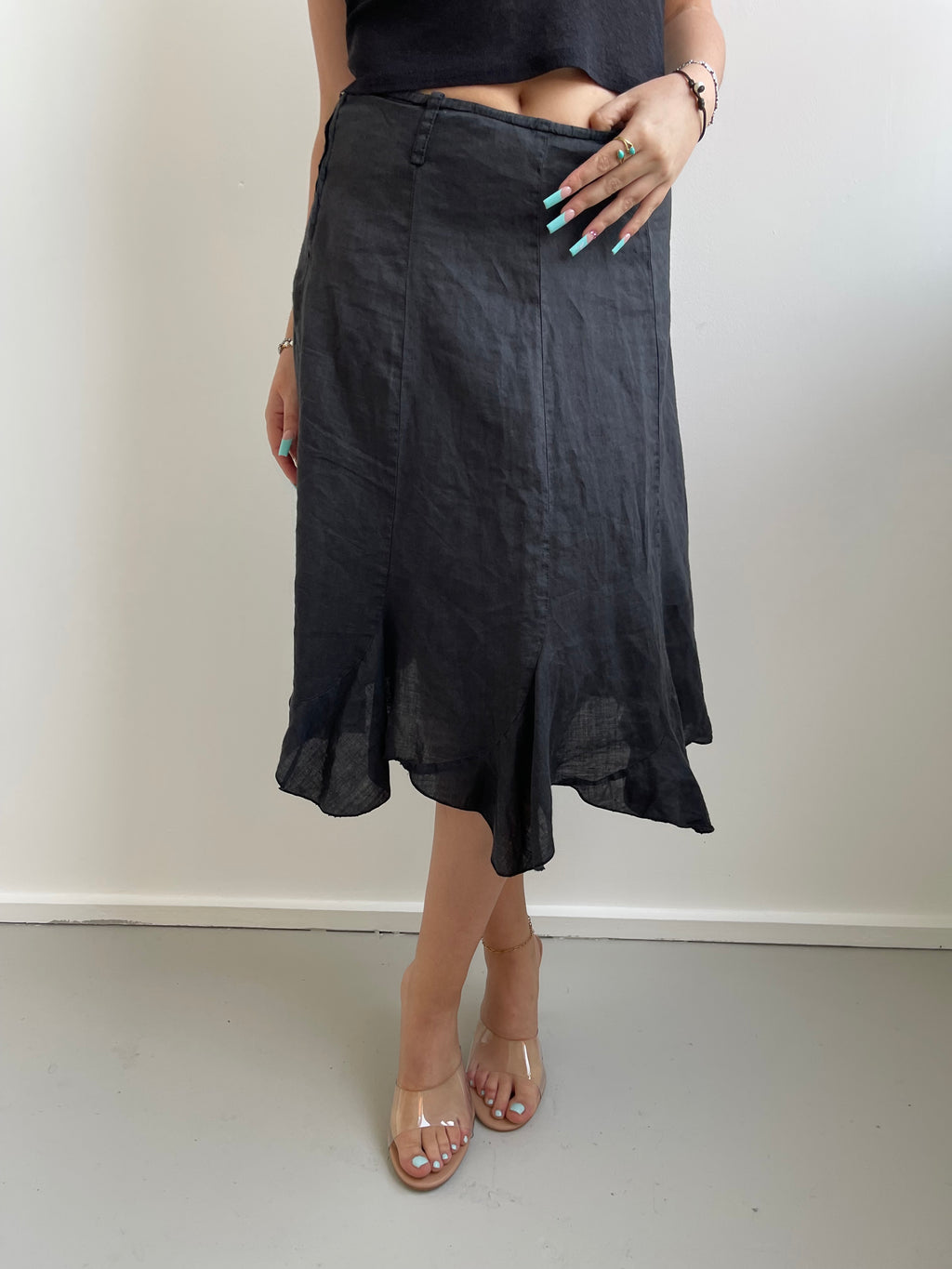 Black linen midi skirt